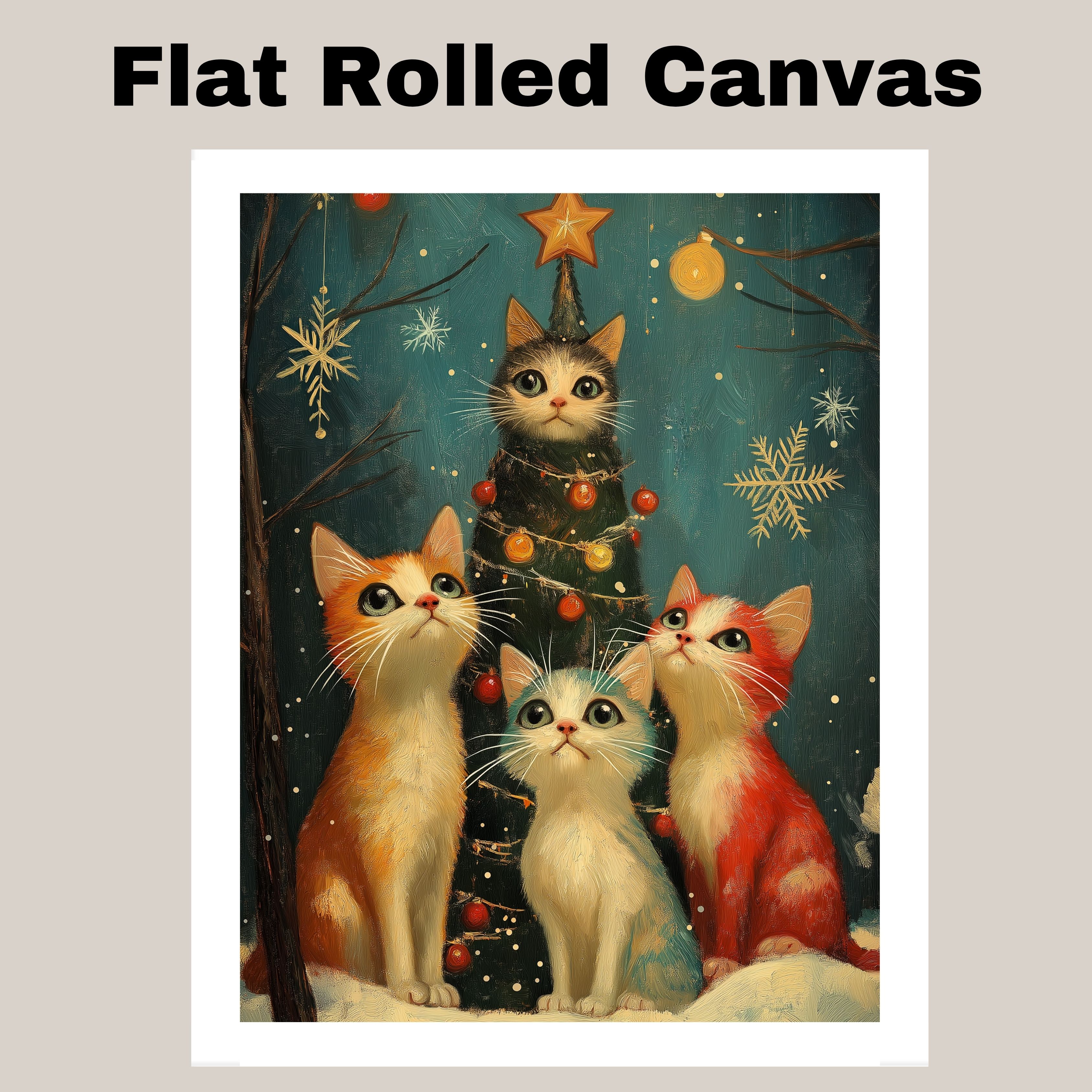 Christmas Cats Festive Around Snowy Tree Flat Rolled, Framed or Wrapped Canvas - Picture 18 of 19
