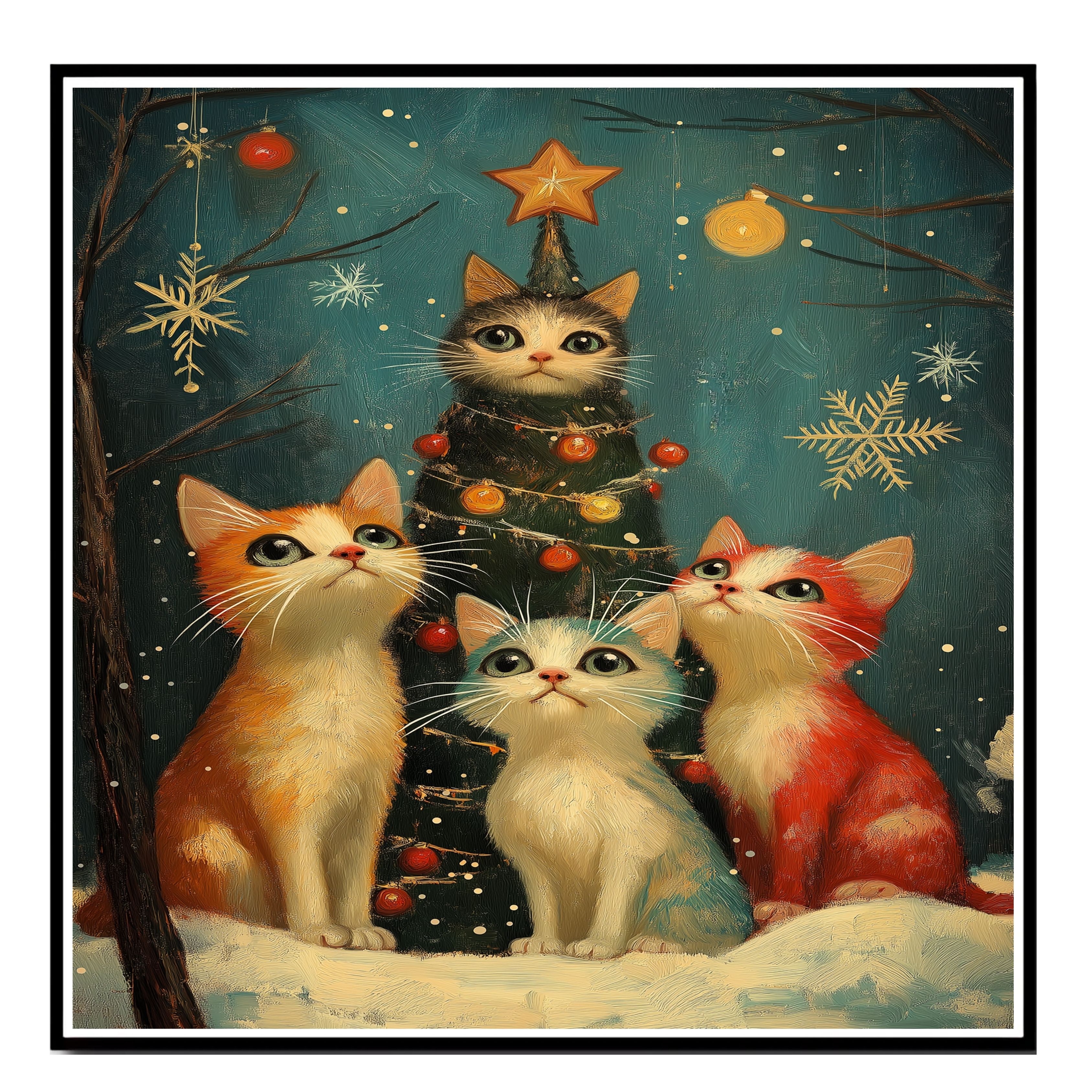 Christmas Cats Festive Around Snowy Tree Flat Rolled, Framed or Wrapped Canvas - Picture 15 of 19
