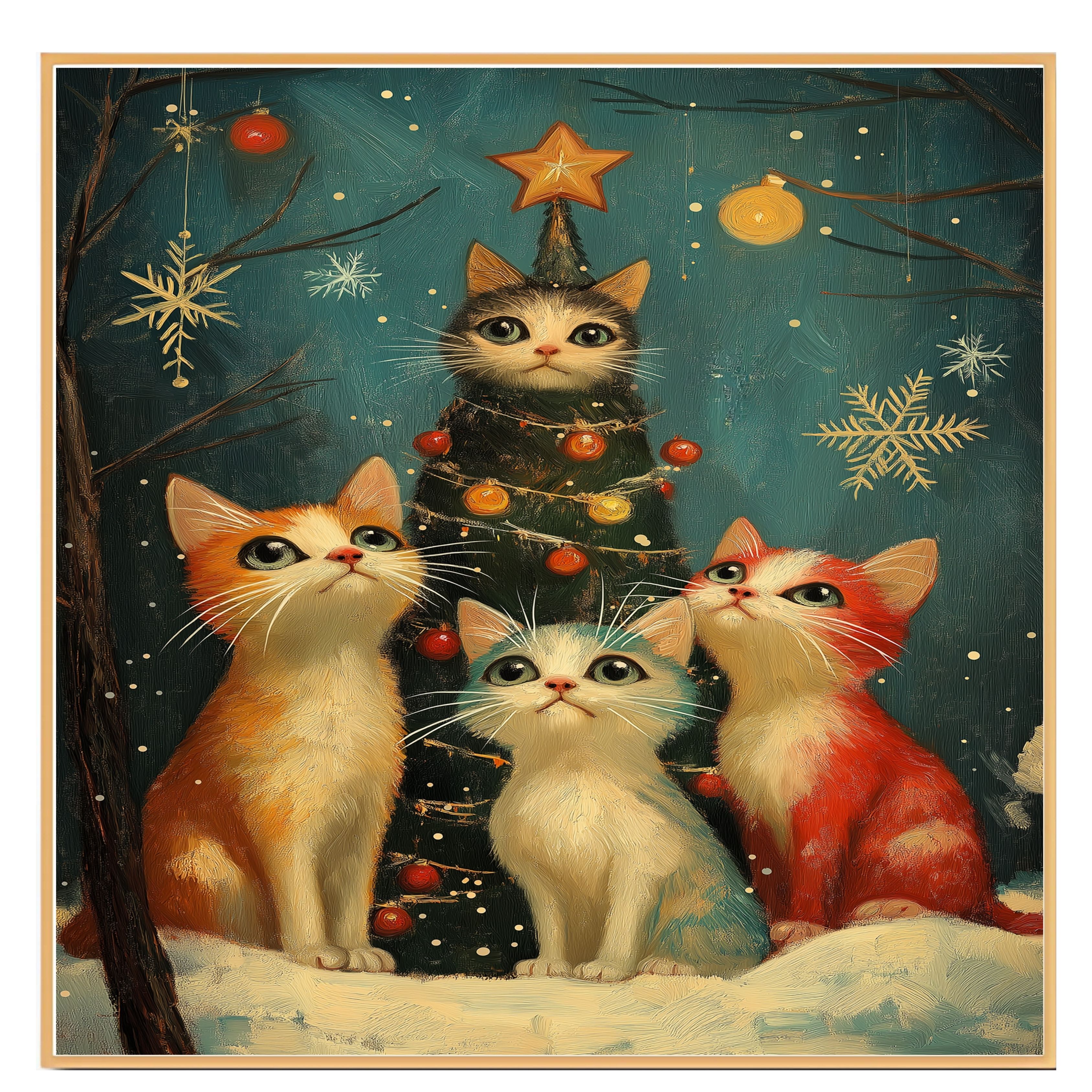 Christmas Cats Festive Around Snowy Tree Flat Rolled, Framed or Wrapped Canvas - Picture 17 of 19