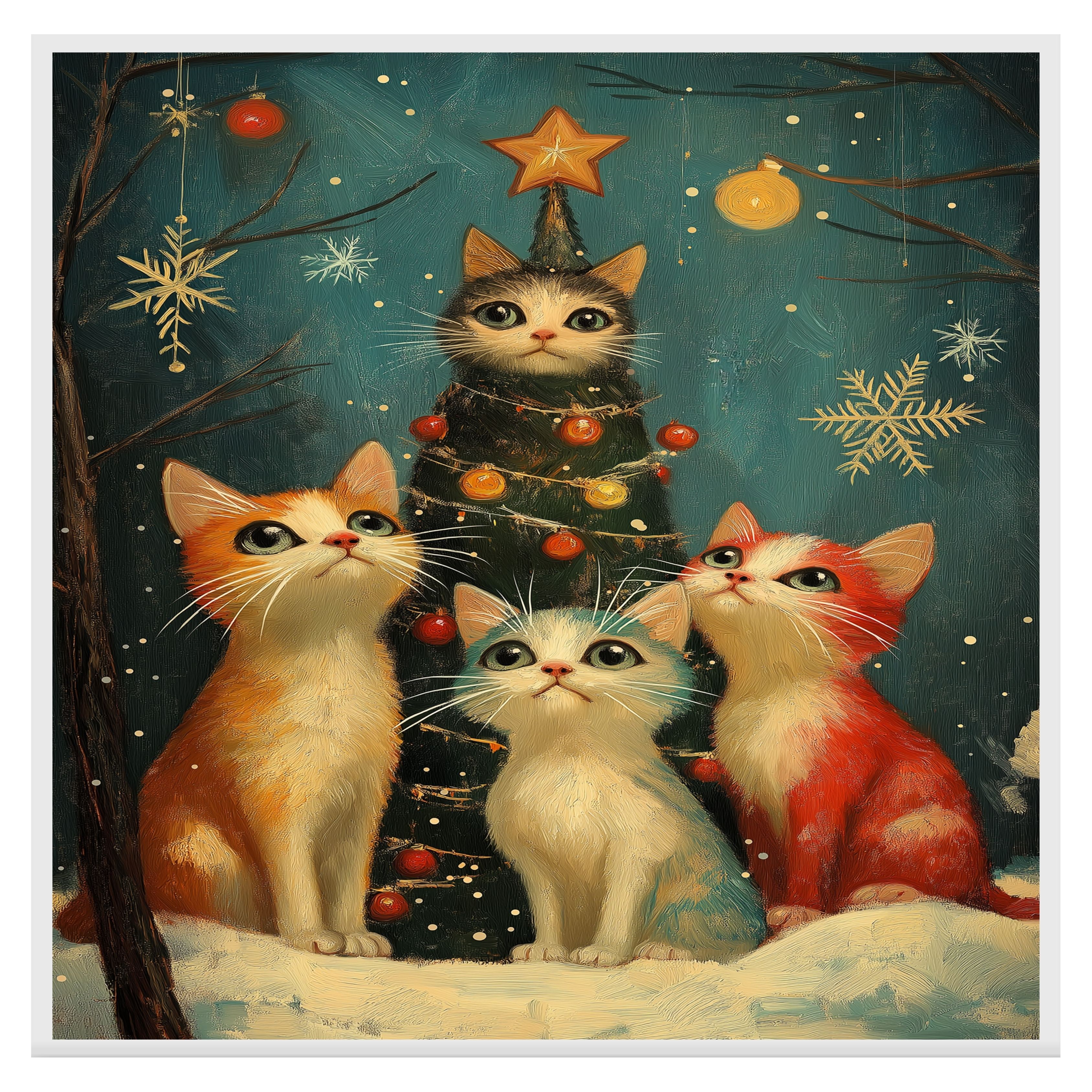 Christmas Cats Festive Around Snowy Tree Flat Rolled, Framed or Wrapped Canvas - Picture 16 of 19