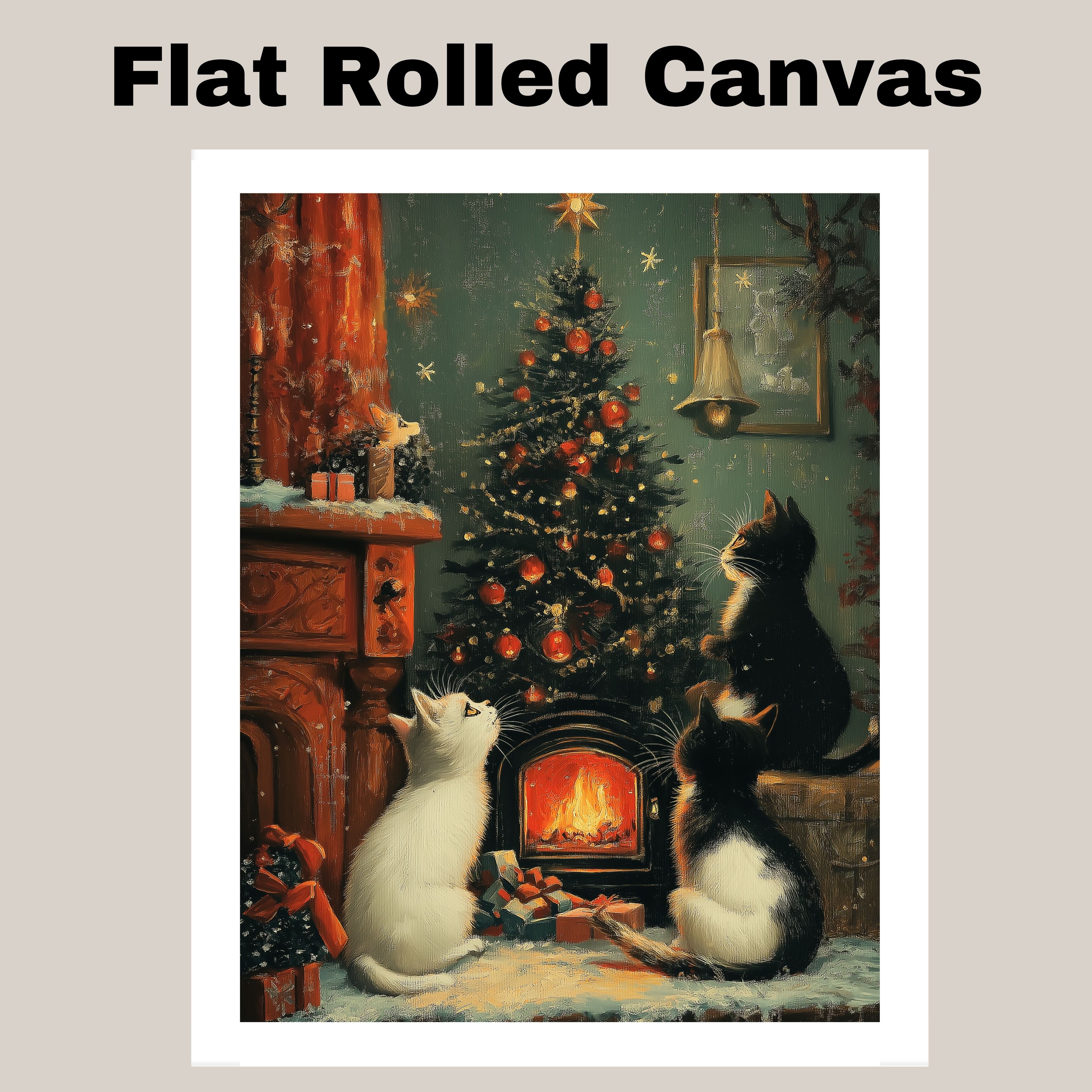 Christmas Cats Cozy Fireplace Tree Festive Flat Rolled, Framed or Wrapped Canvas