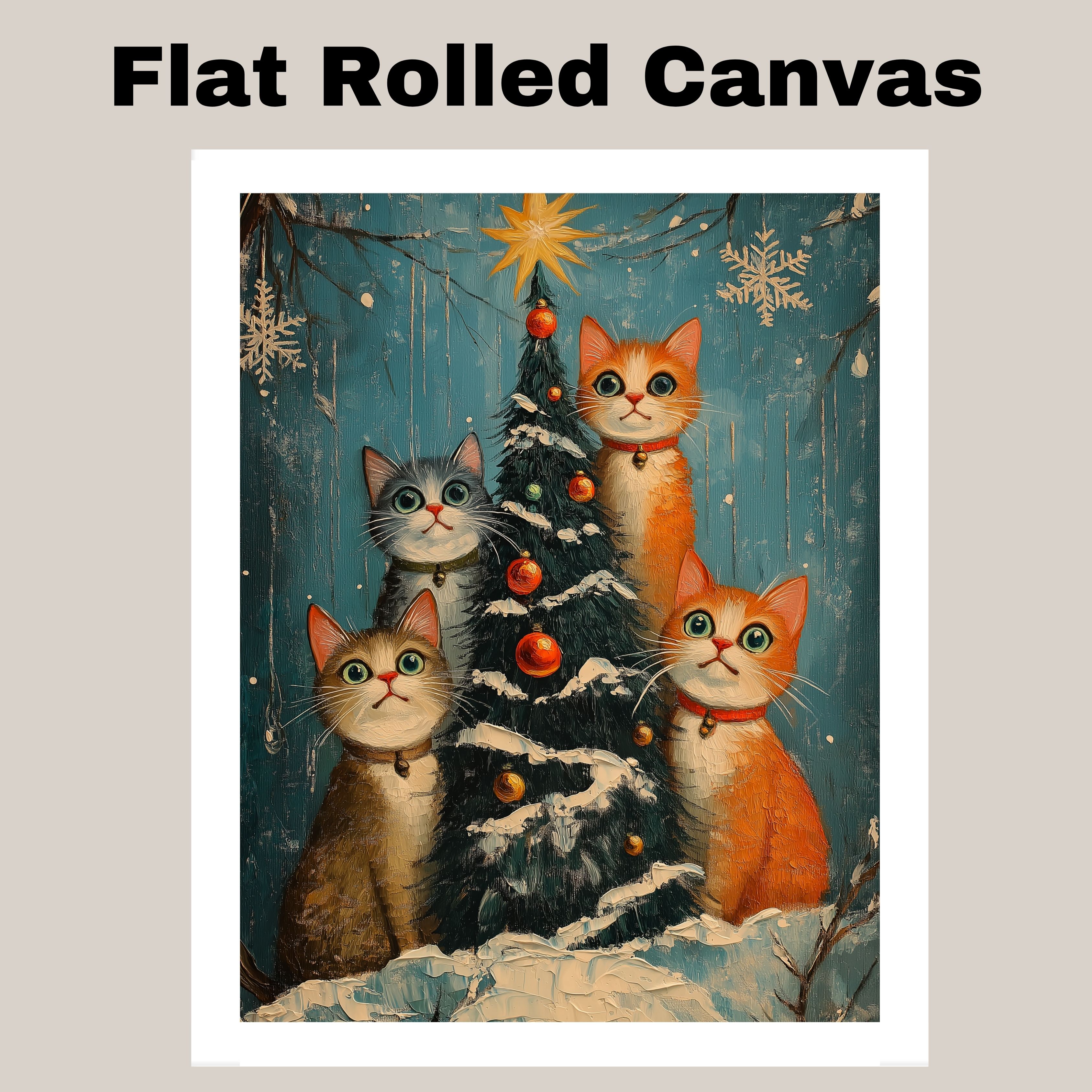 Christmas Cats with Tree Holiday Decor Flat Rolled, Framed or Wrapped Canvas