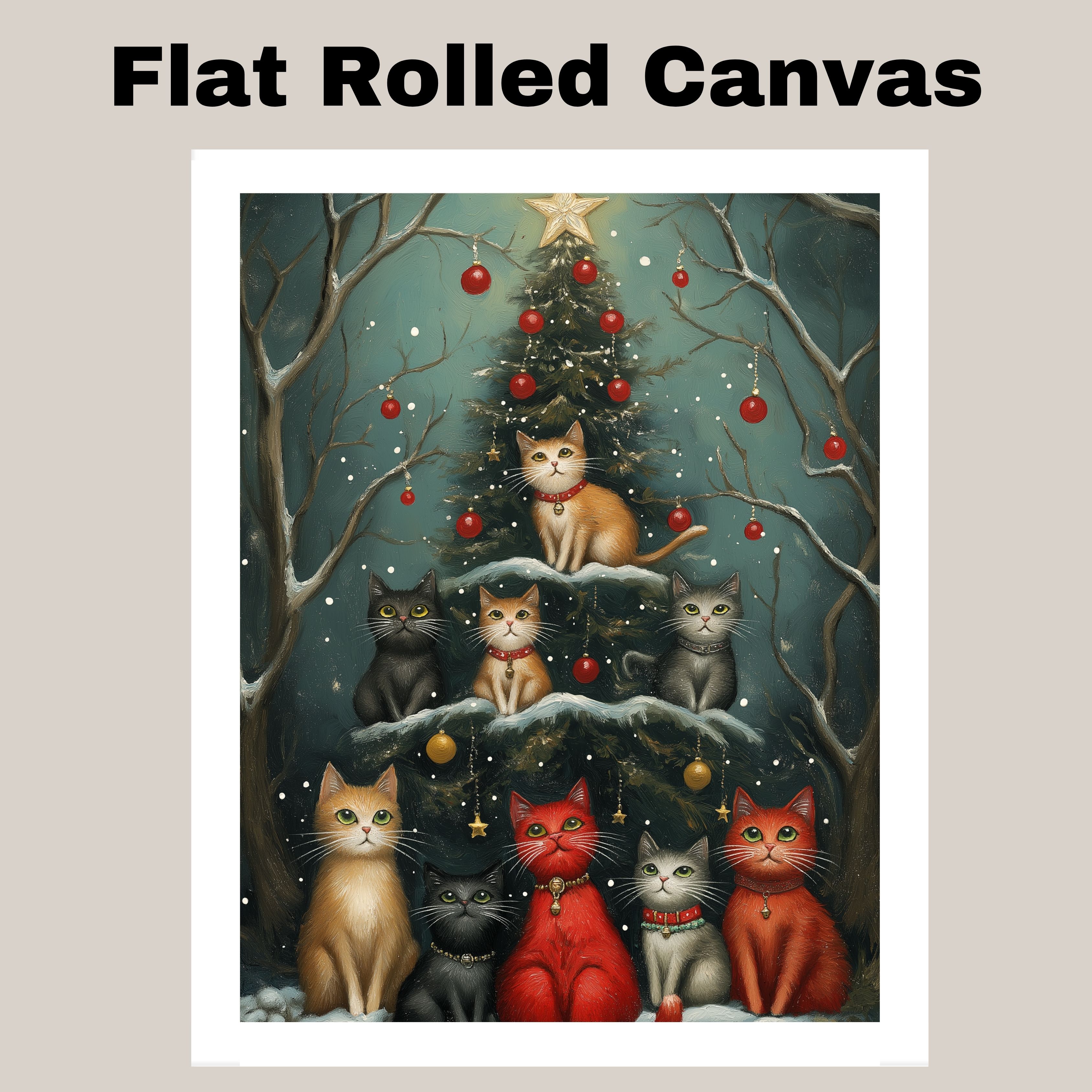 Christmas Vintage Cats by Christmas Tree Flat Rolled, Framed or Wrapped Canvas