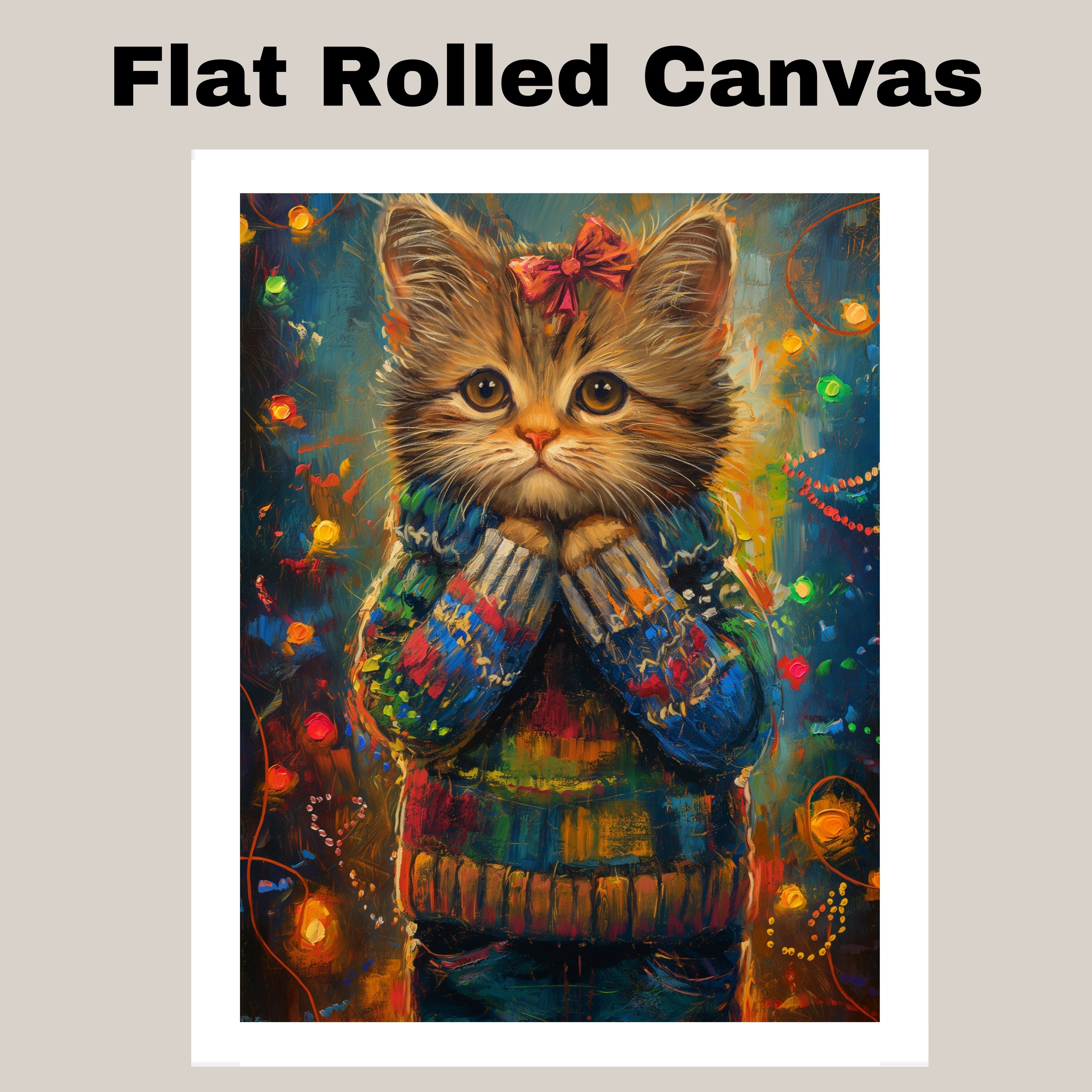 Christmas Cat in Sweater Holiday Decor Flat Rolled, Framed or Wrapped Canvas