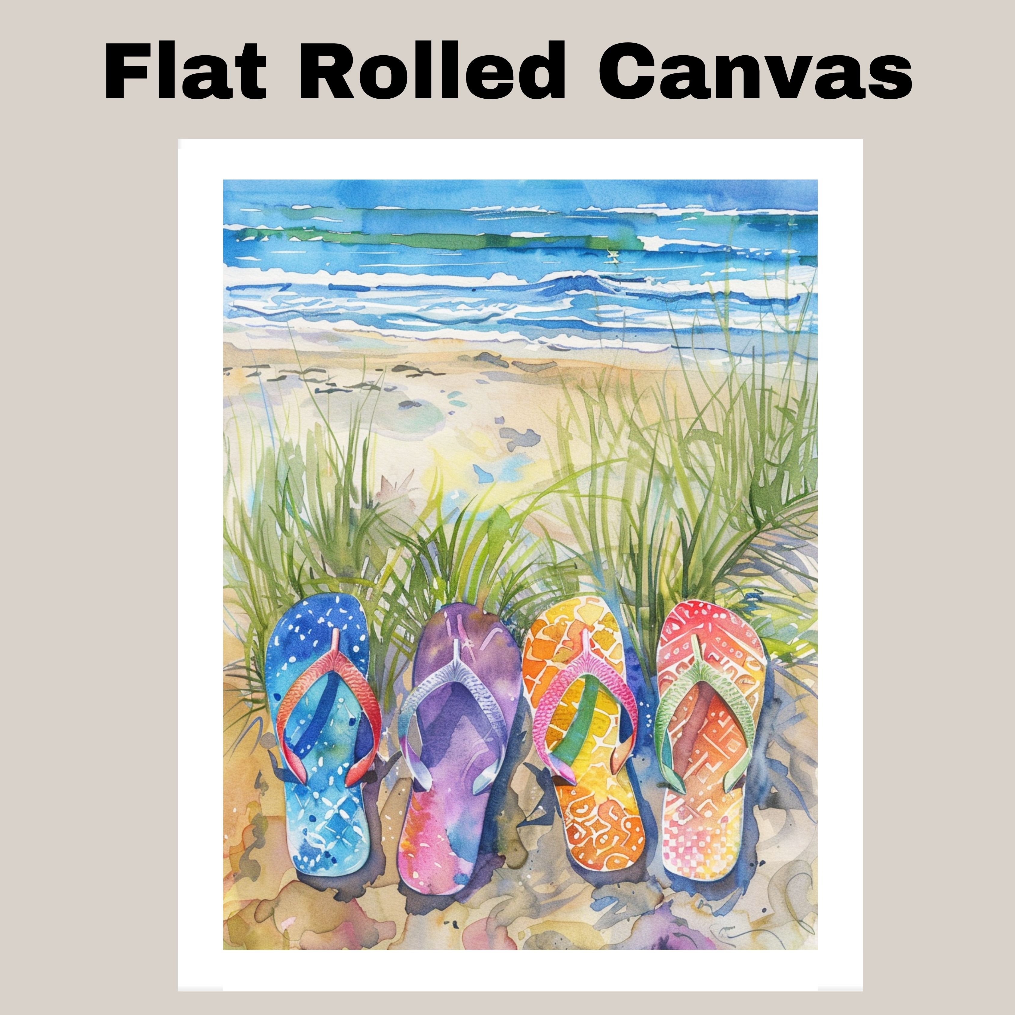 Colorful Flip Flops in Beach Grass by Ocean Shore Watercolor Summer Coastal Art