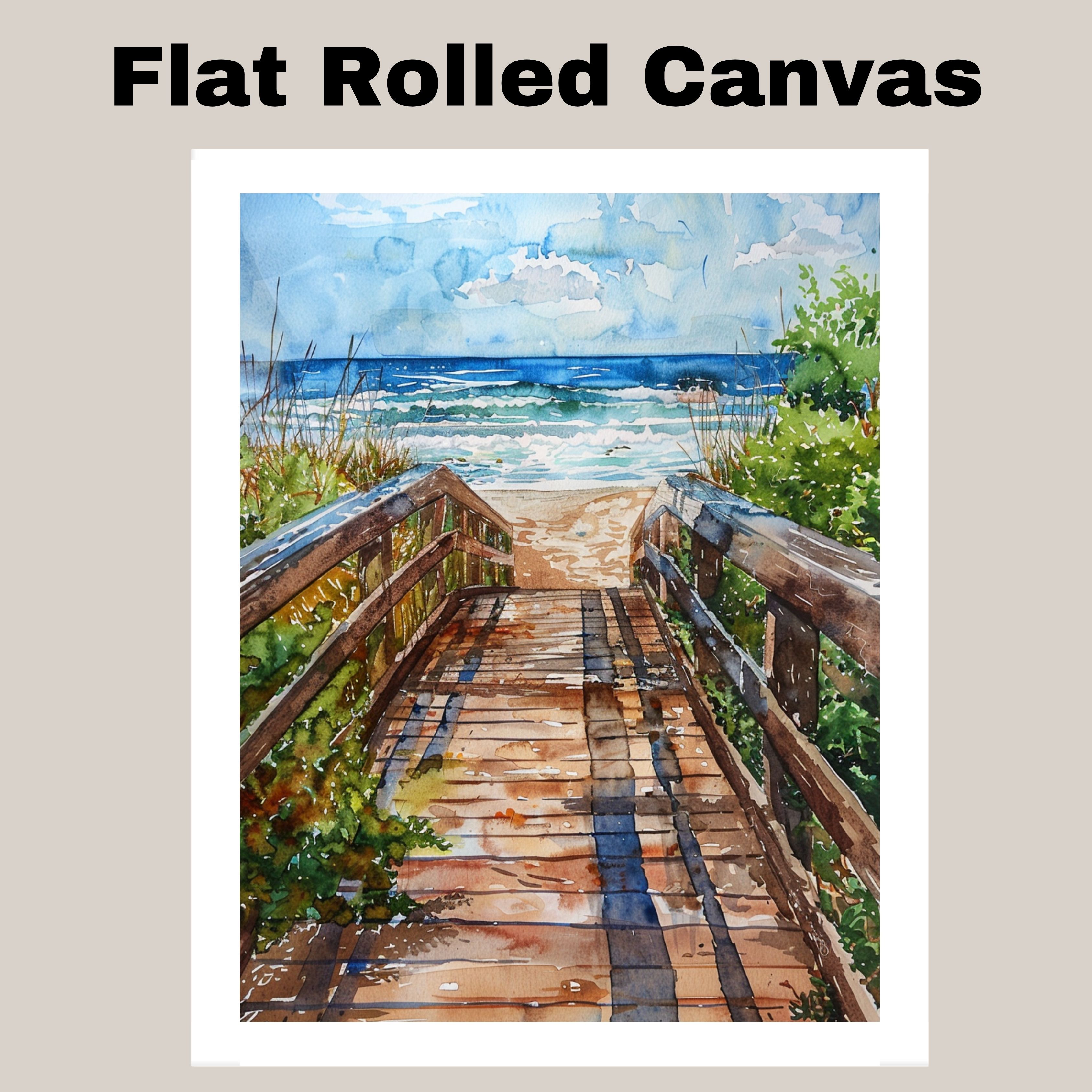 Coastal Boardwalk to Beach Watercolor Painting Ocean Canvas Wall Art