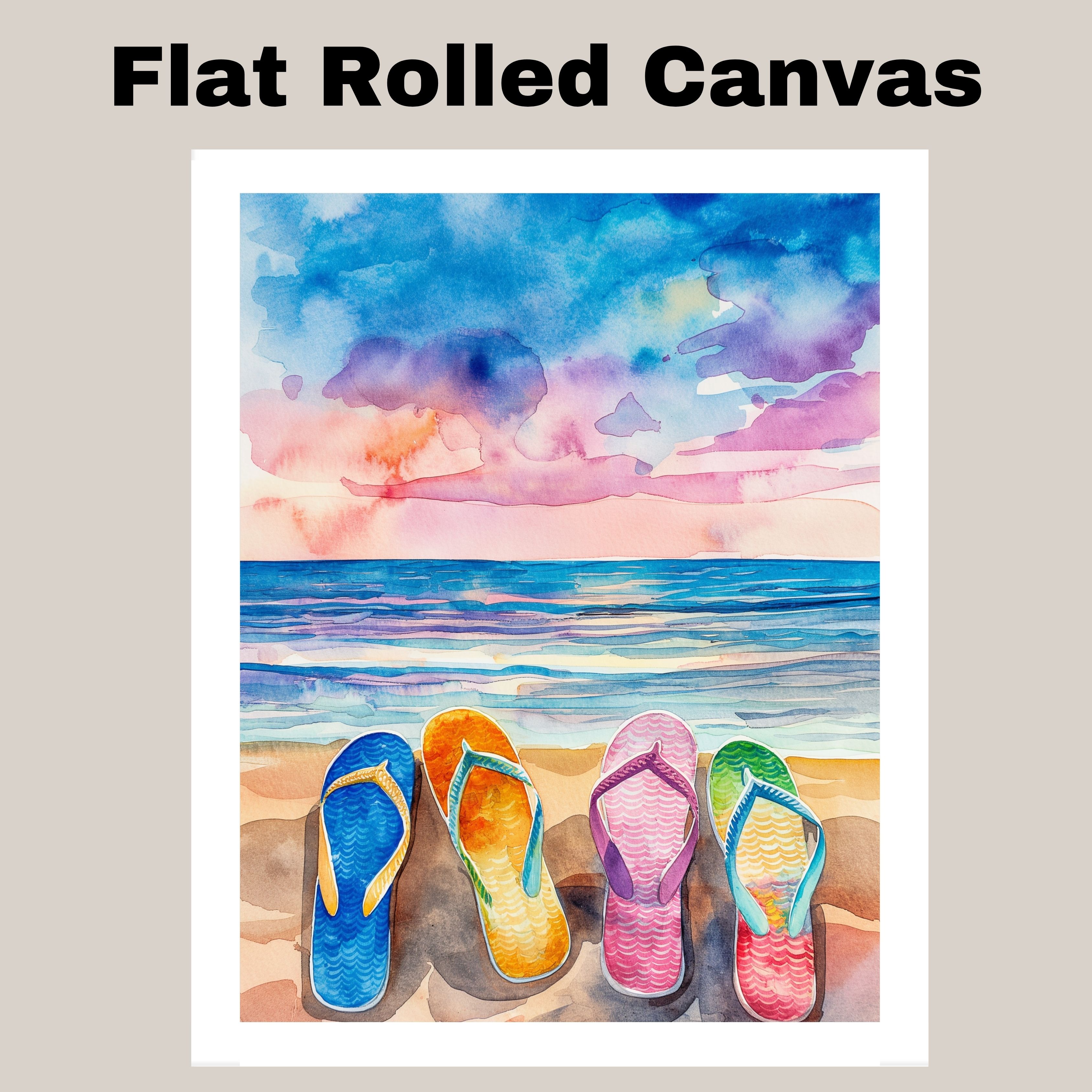 Watercolor of Flip-Flops on Sandy Beach with Ocean Waves in Summer Coastal Art