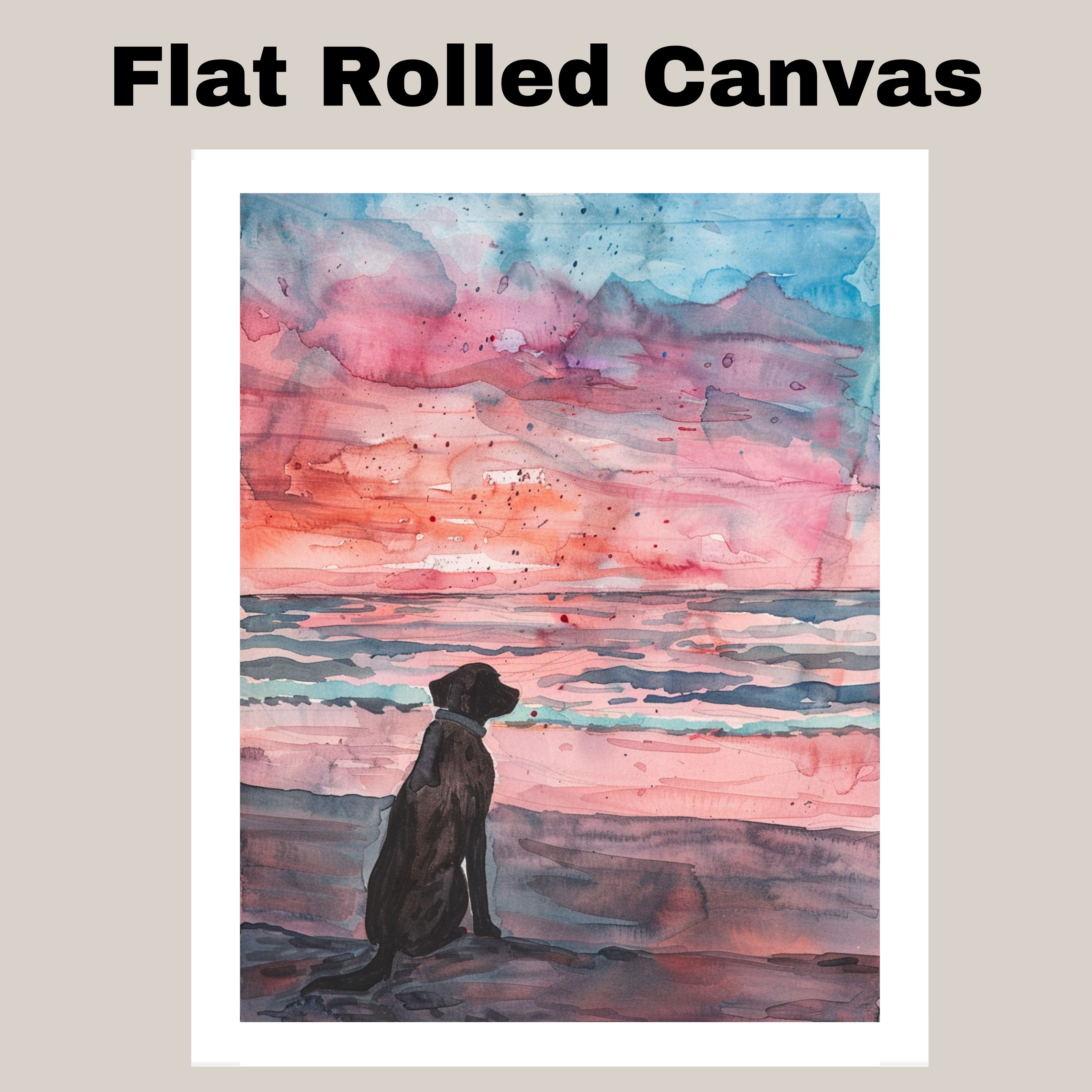 Watercolor Painting of a Black Dog Sitting on the Beach Watching Ocean Sunset