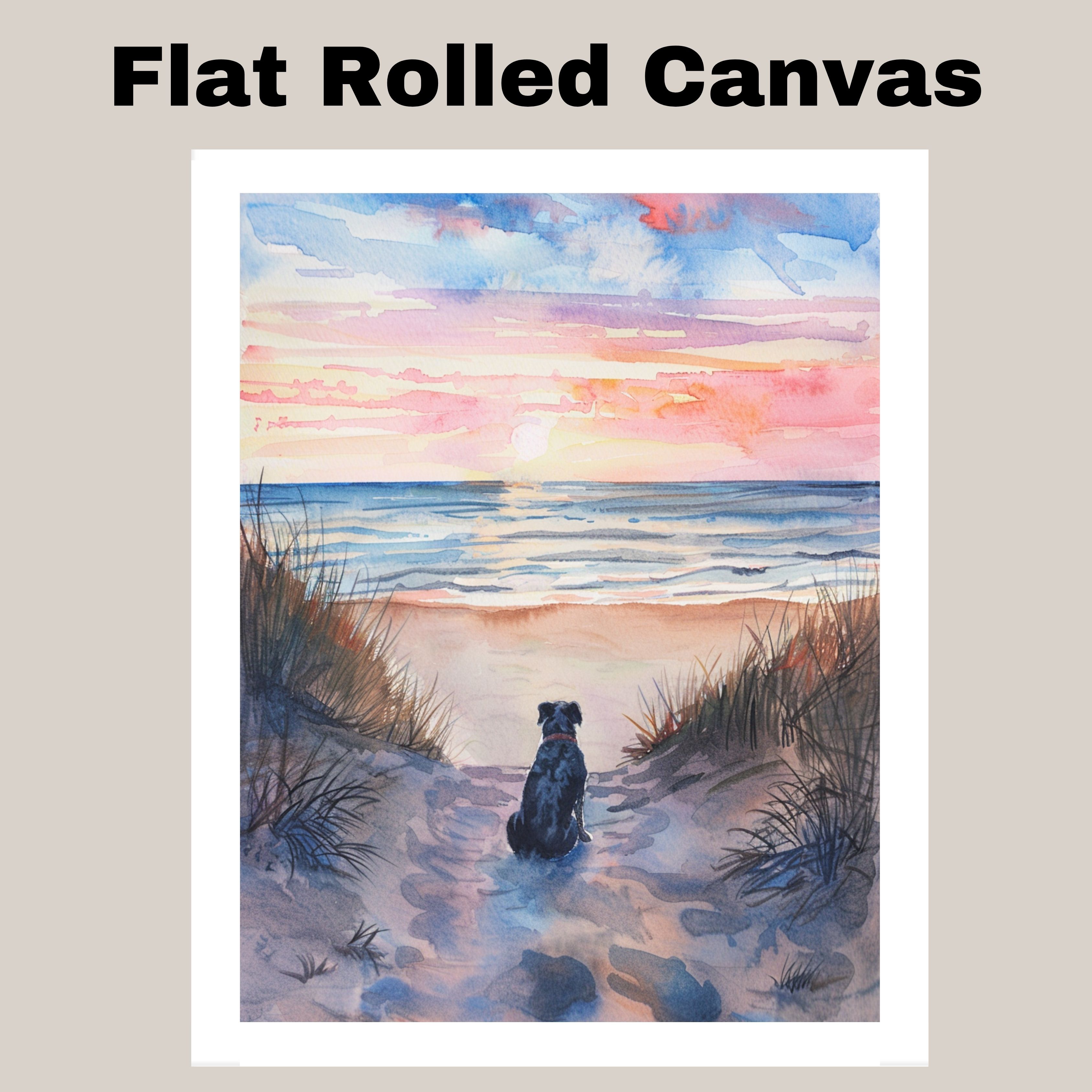 Watercolor Painting of Dog Sitting on Sandy Path Watching Ocean Sunset Canvas