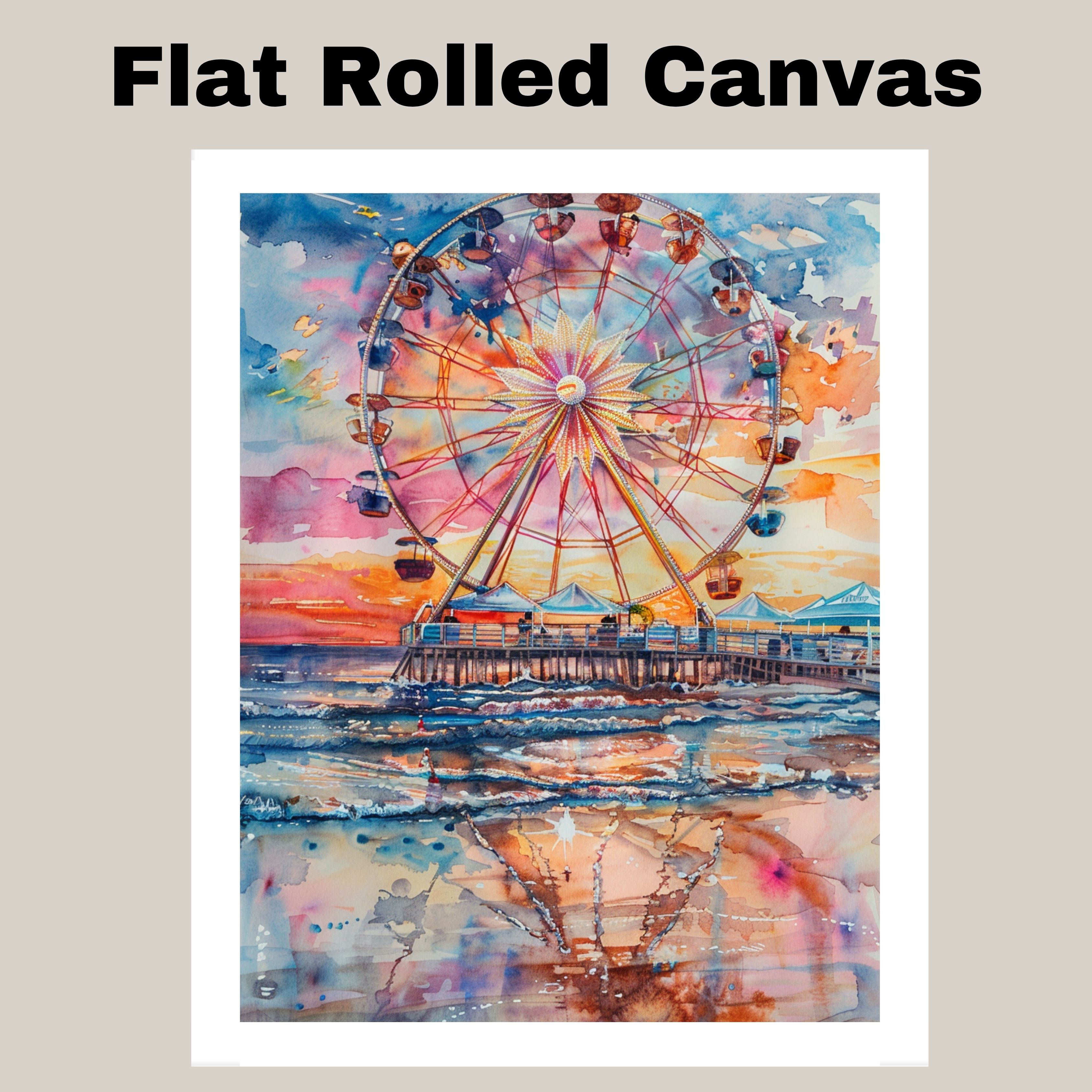 Watercolor Painting of a Ferris Wheel on a Pier at Sunset with Ocean Reflections