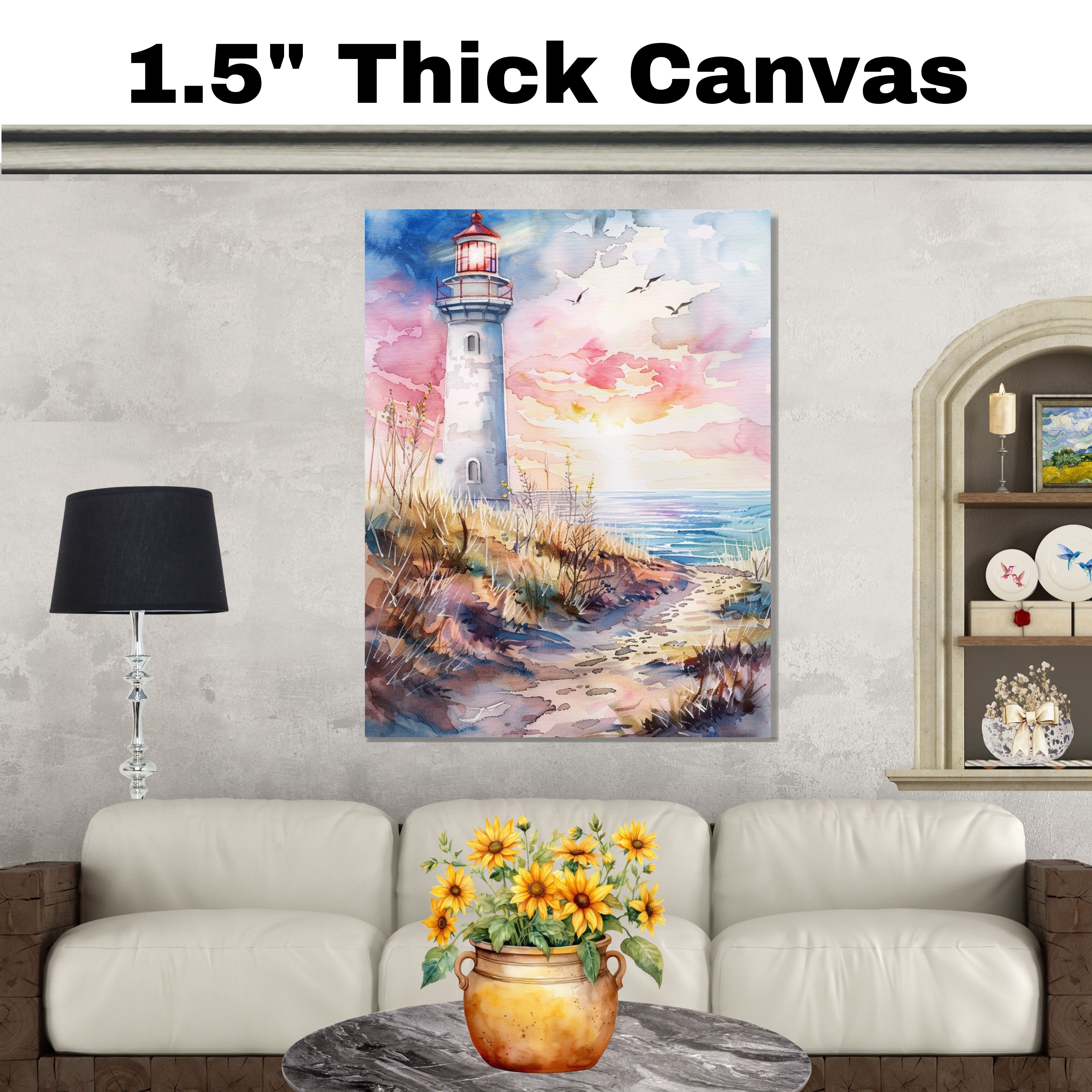 Watercolor Painting of Lighthouse Overlooking Ocean at Sunset Canvas Wall Art - Picture 19 of 19