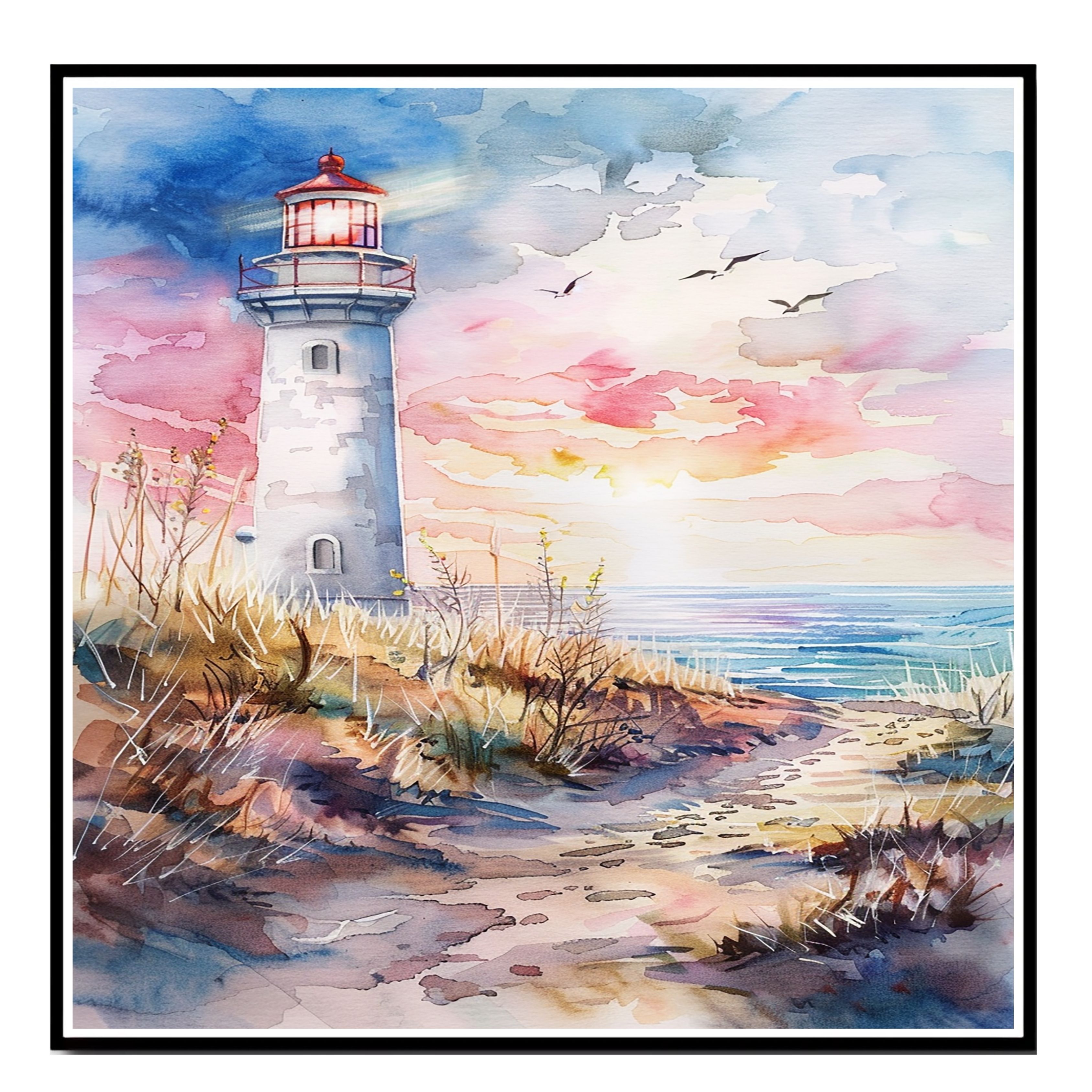 Watercolor Painting of Lighthouse Overlooking Ocean at Sunset Canvas Wall Art - Picture 15 of 19