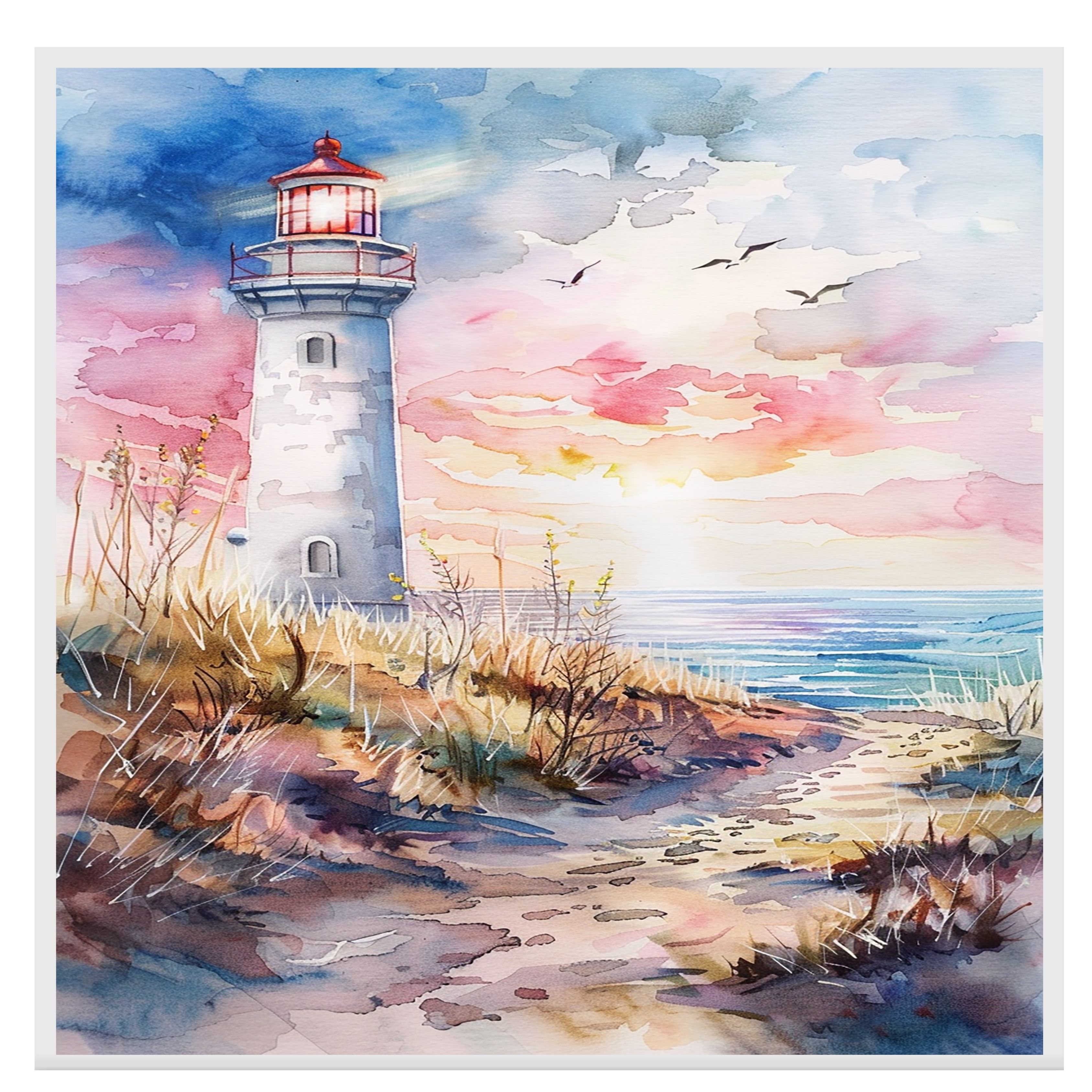 Watercolor Painting of Lighthouse Overlooking Ocean at Sunset Canvas Wall Art - Picture 16 of 19