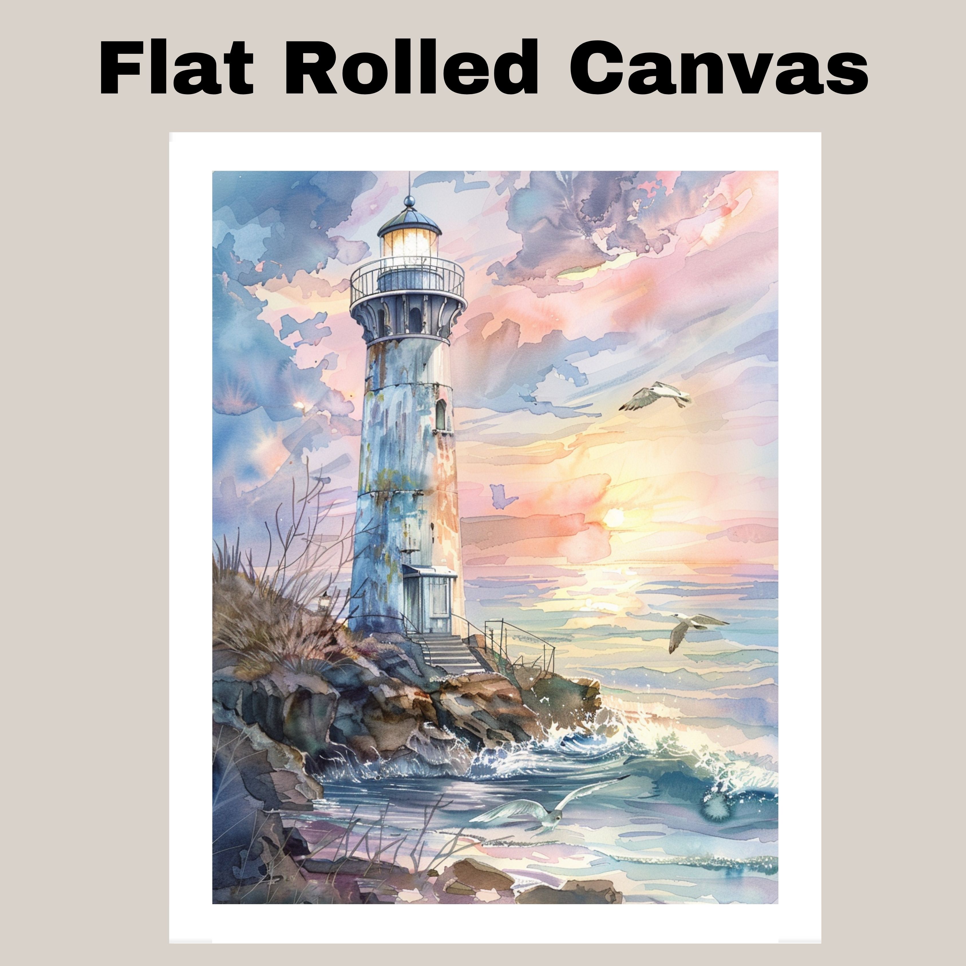 Rustic Lighthouse on Rocky Shore at Sunset with Crashing Waves and Seagulls Art