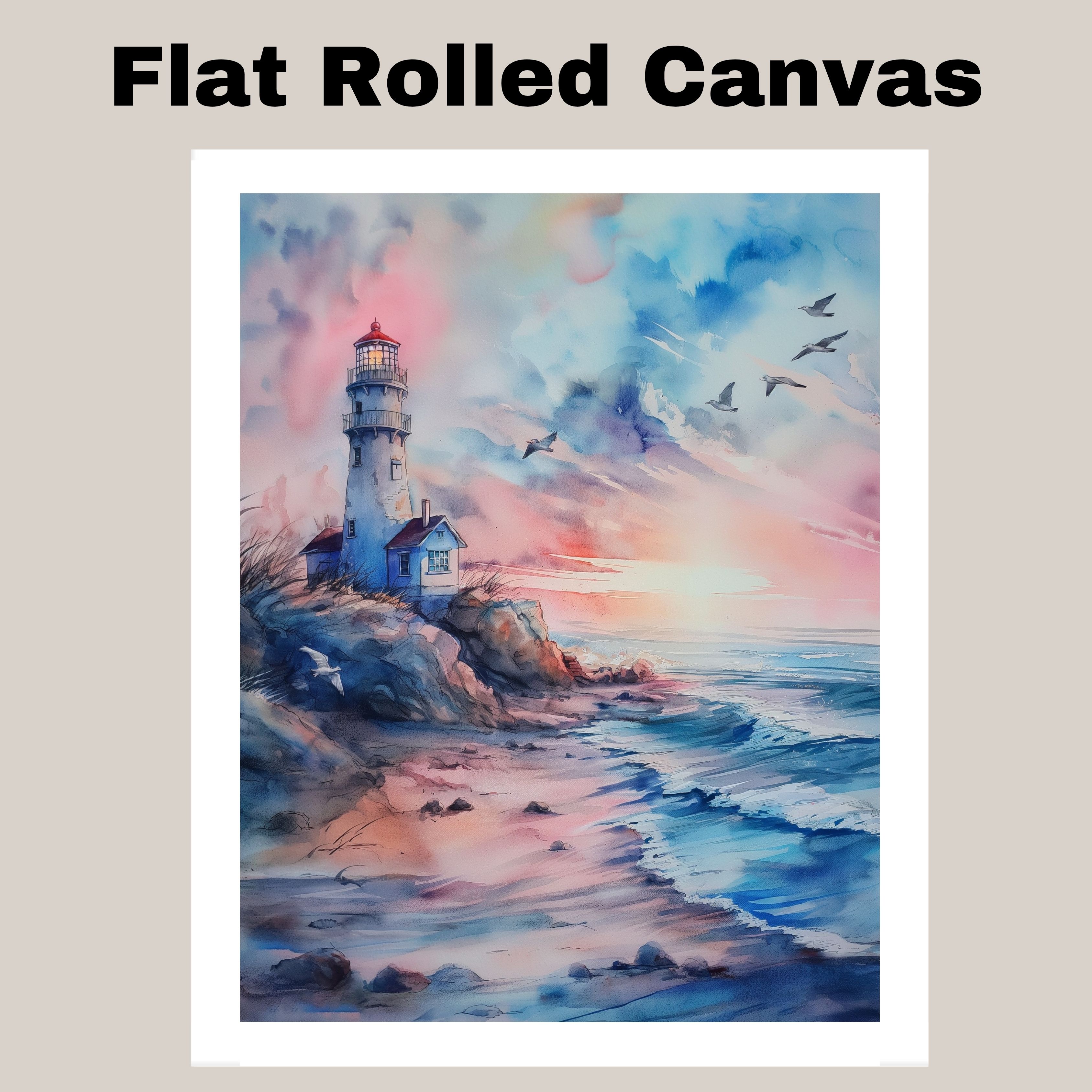 Lighthouse on Rocky Shore with Birds Flying Over Sunset Sky in Serene Watercolor