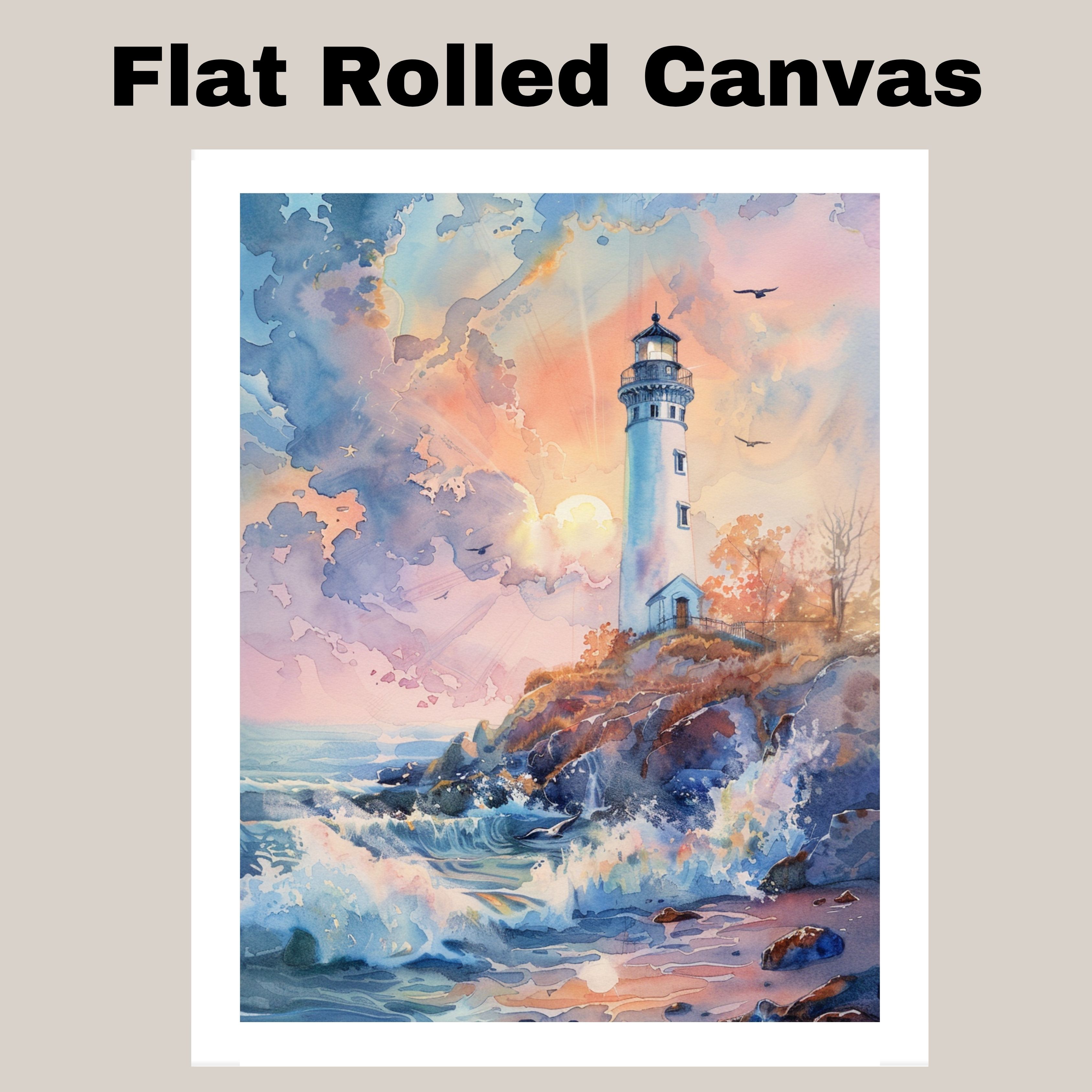 Lighthouse on Rocky Shore at Sunrise with Crashing Waves and Radiant Sky Art