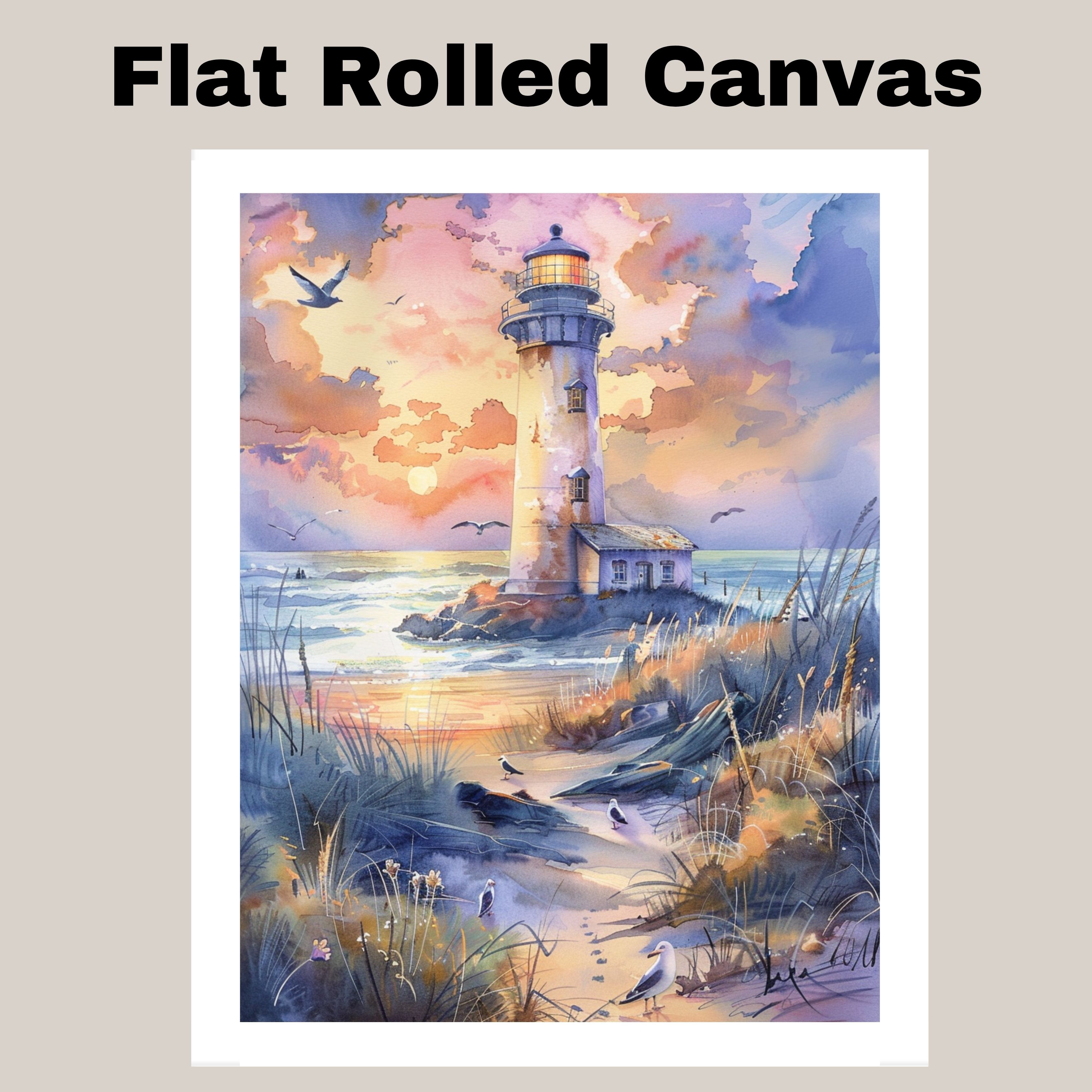 Lighthouse by Ocean Shore at Sunset with Beach Path Seabirds in Watercolor Art