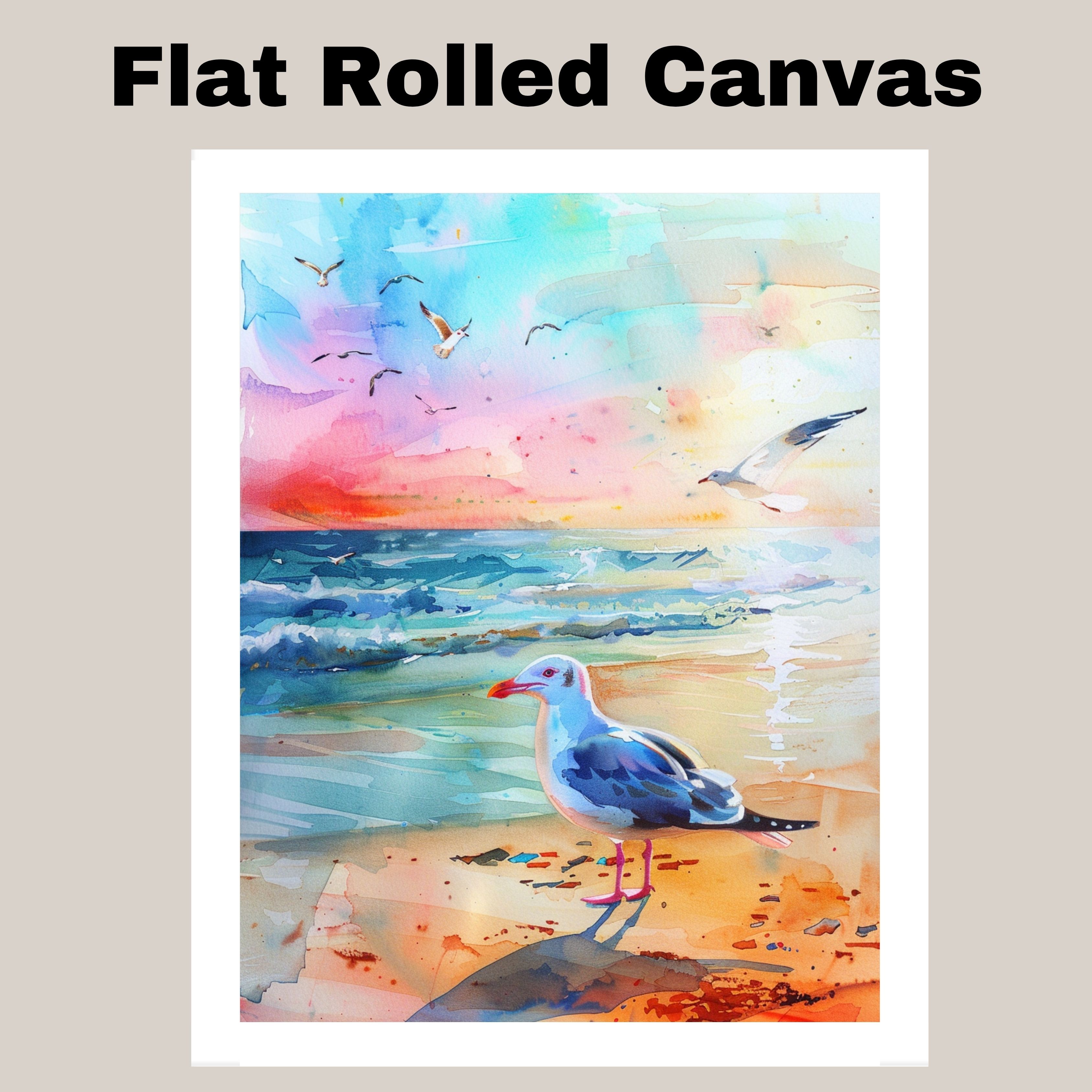 Watercolor Seagull by Shoreline with Sunset Sky and Ocean Waves Canvas Wall Art
