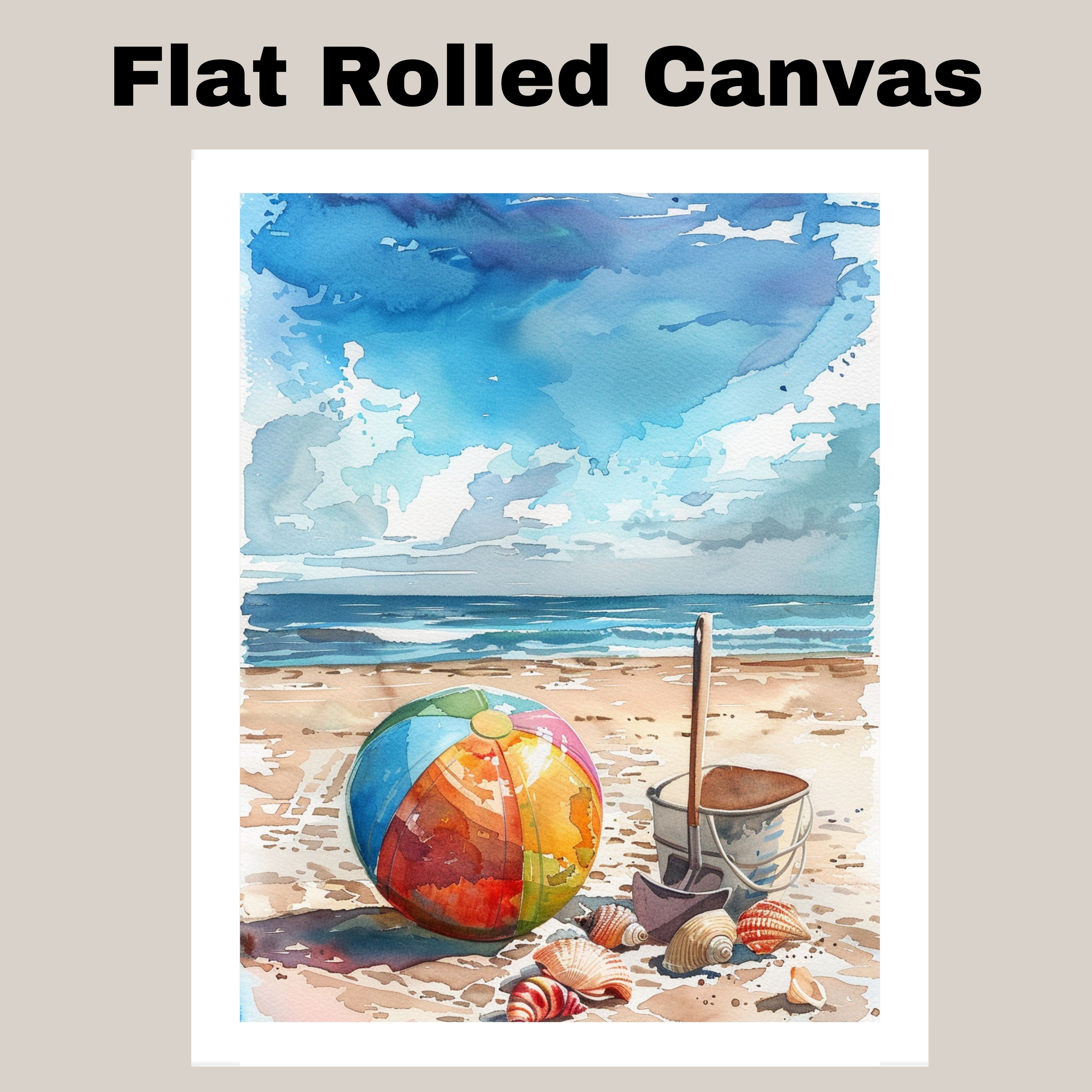 Watercolor olorful Ball, Shells, Metal Pail, and Shovel on Sandy Shore Canvas