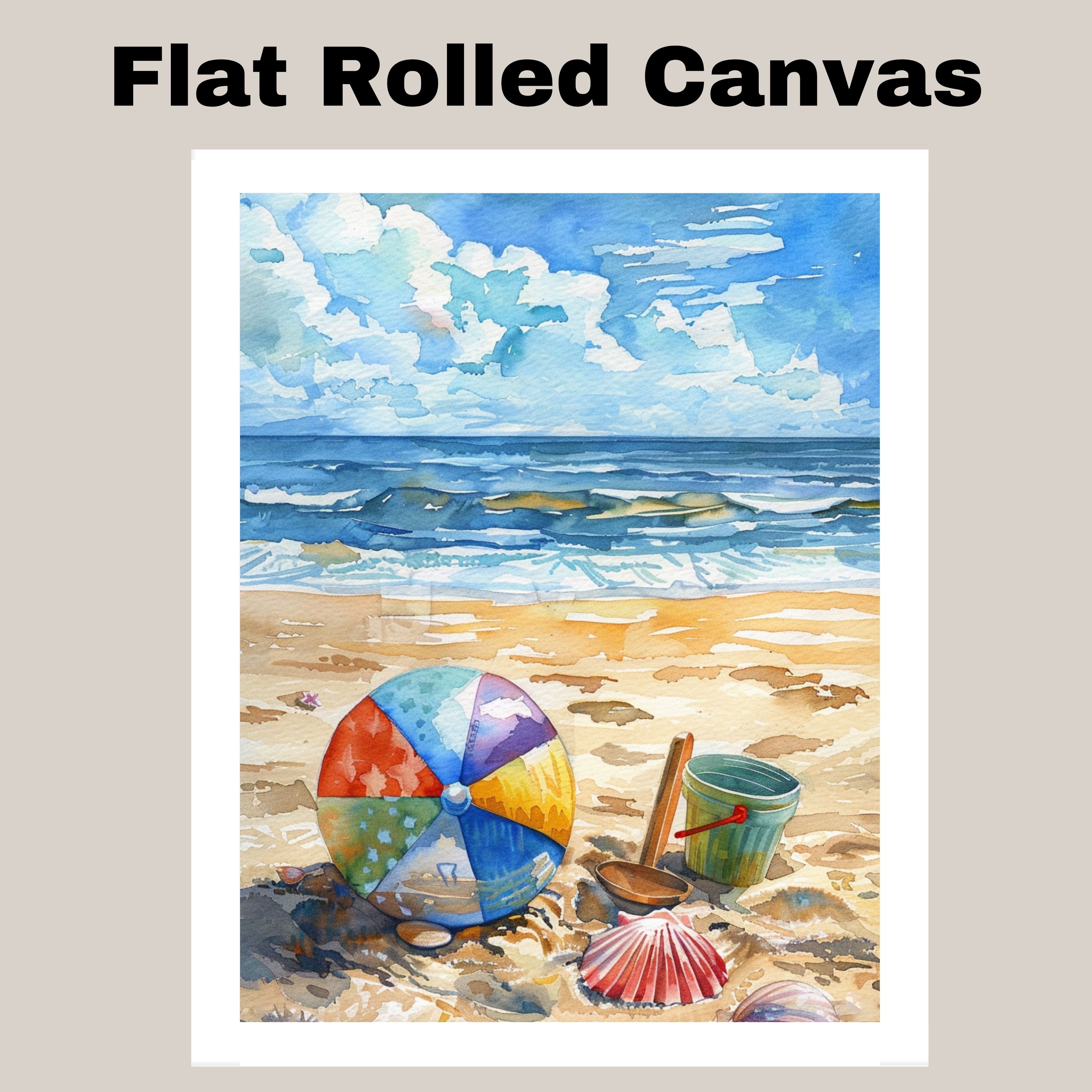 Watercolor Beach with Colorful Ball Green Bucket Shells and Wooden Shovel Canvas