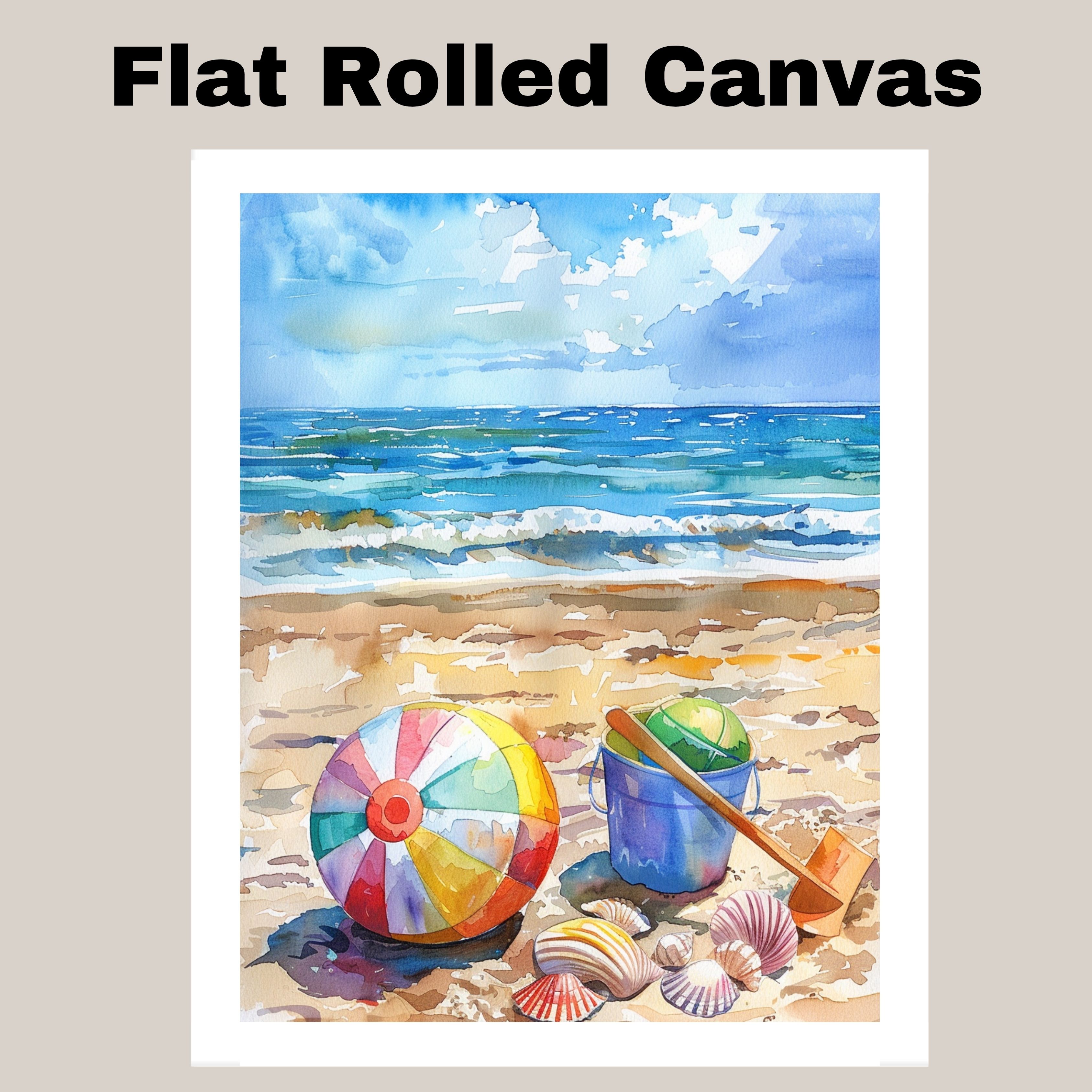 Watercolor Beach with Colorful Ball Blue Bucket Shells and Shovel on Sandy Shore