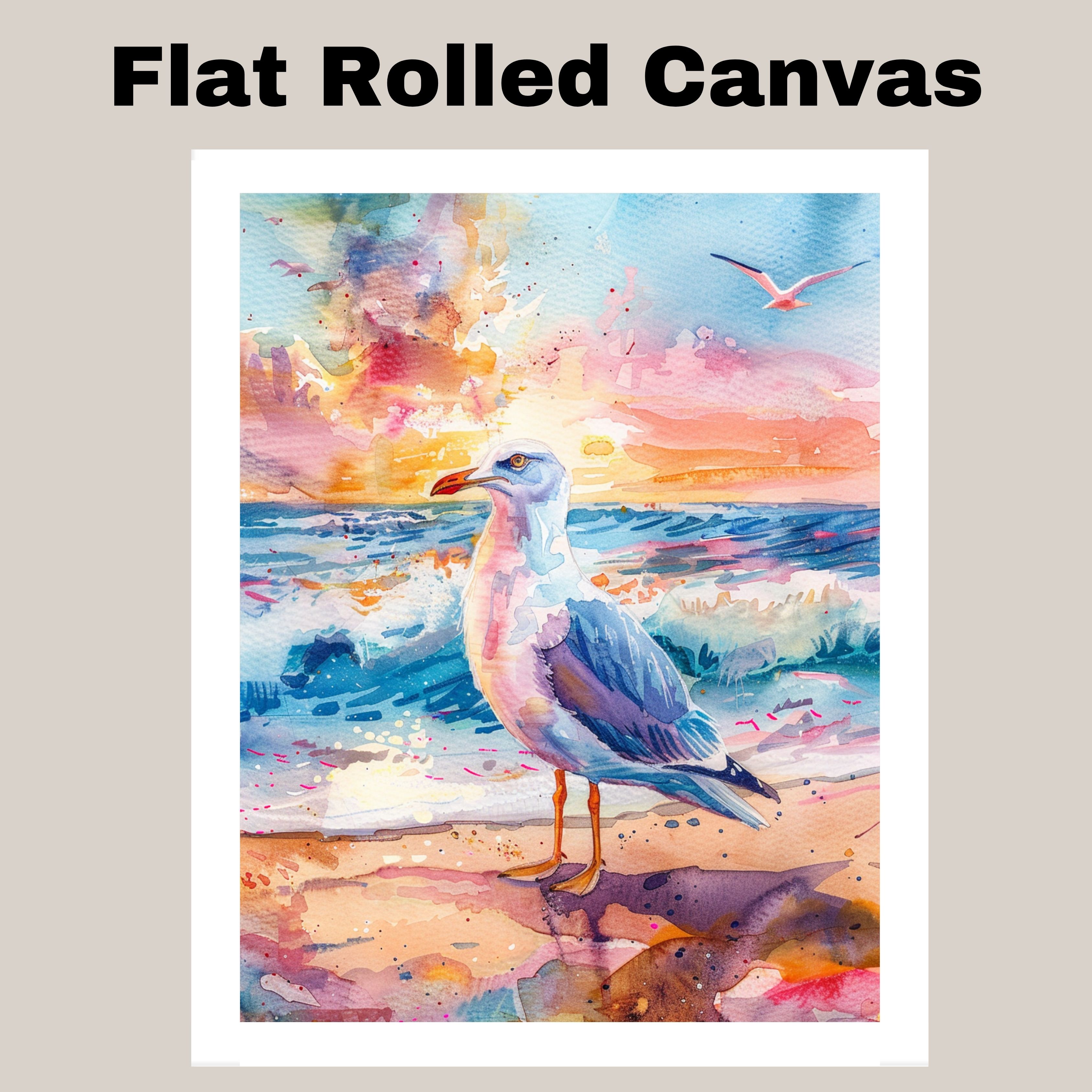 Seagull by Ocean Shore in Sunset Watercolor Scene Canvas Wall Art