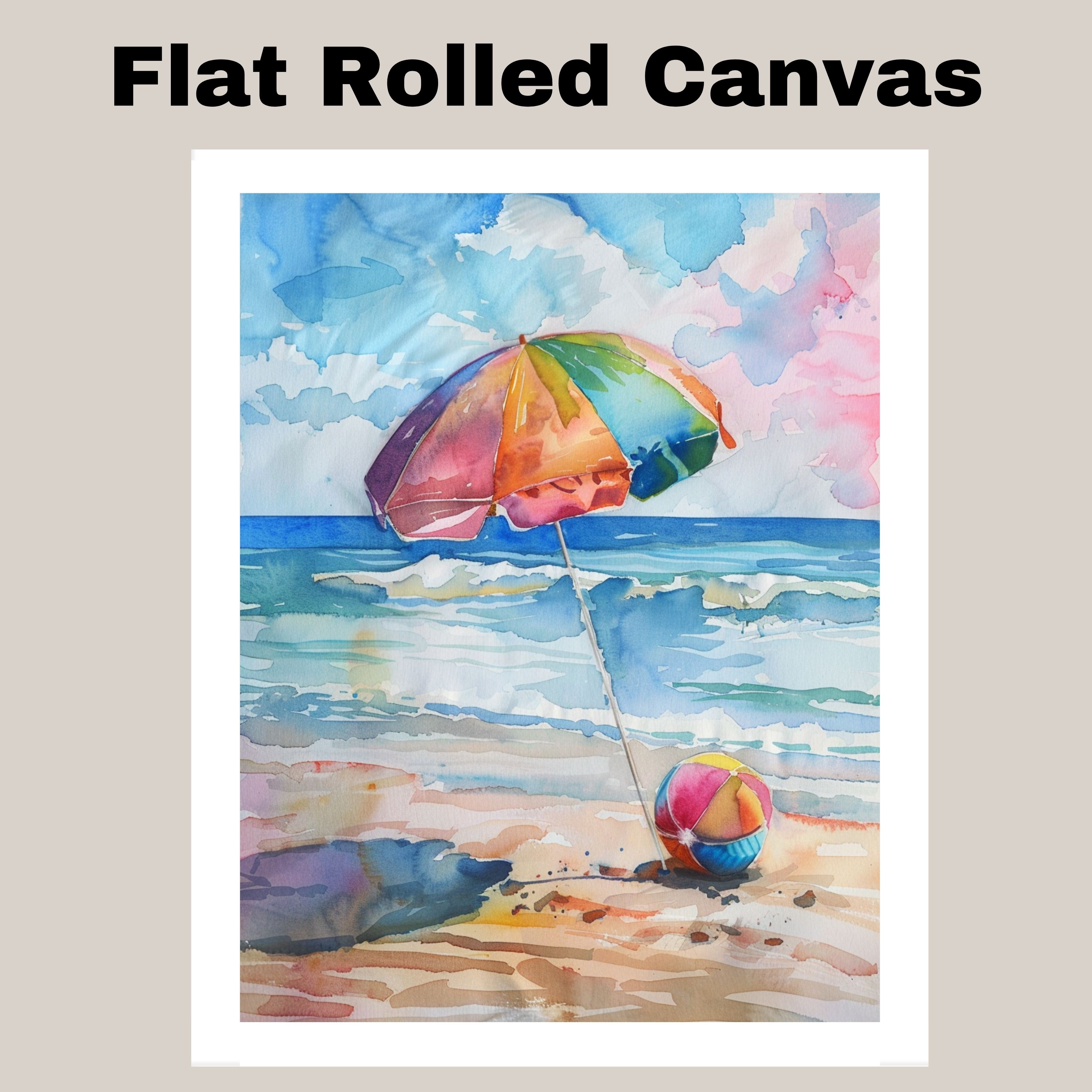 Watercolor Painting of Beach Umbrella and Ball on Shoreline Canvas Wall Art