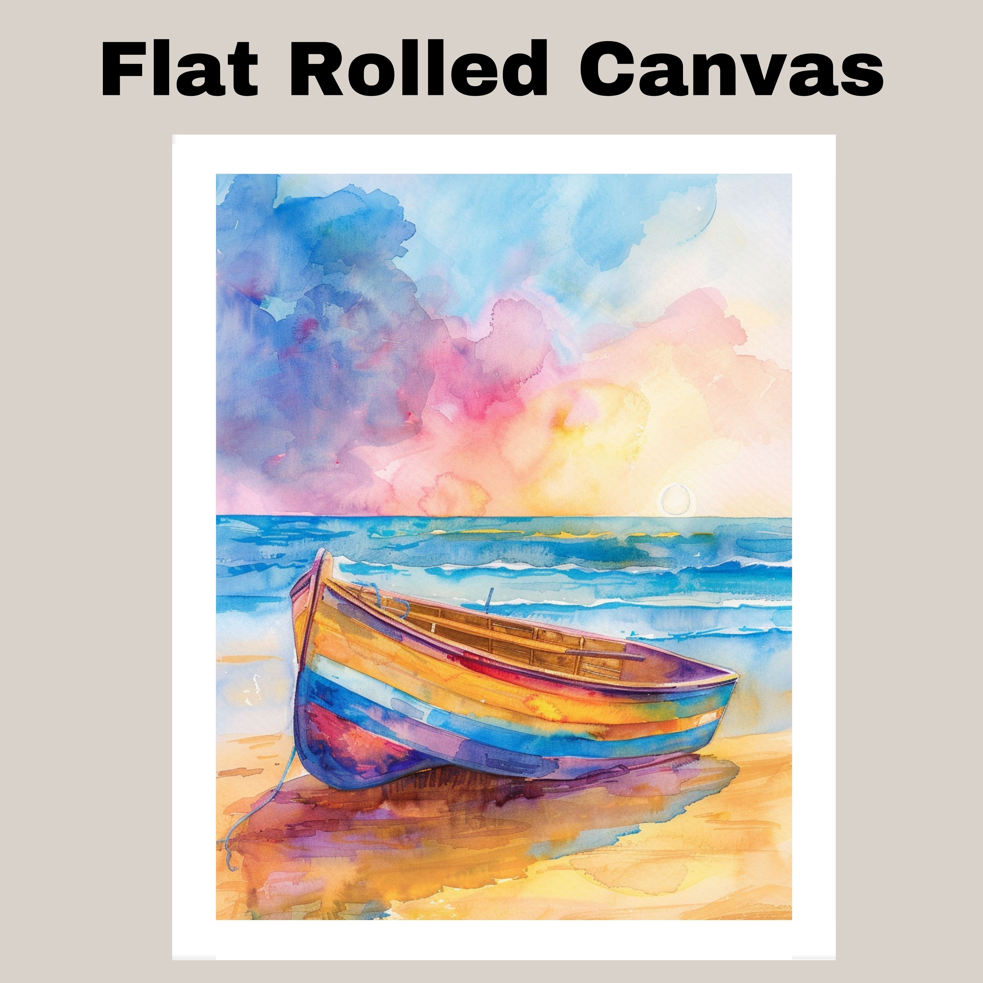 Watercolor Painting of Colorful Wooden Boat on Sandy Shore with Sunrise Canvas