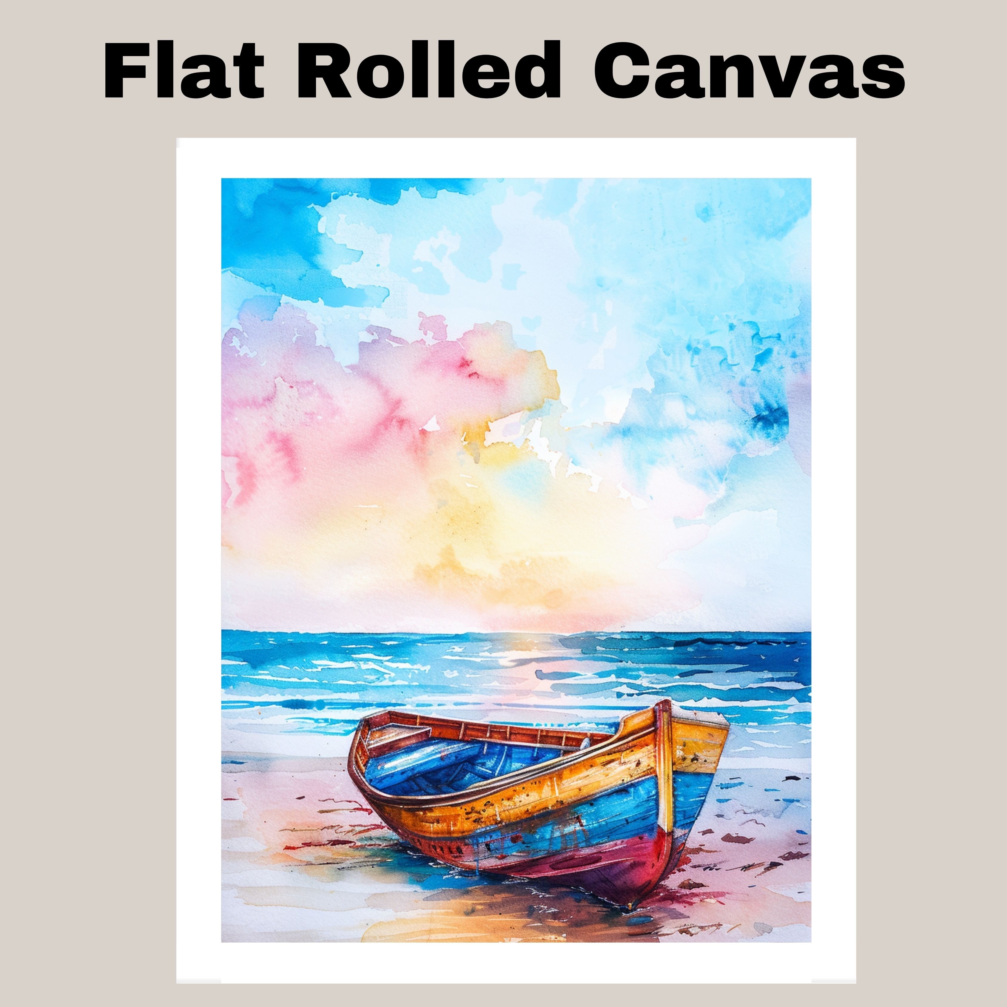Watercolor Painting of Colorful Wooden Boat on Sandy Shore with Ocean Canvas Art