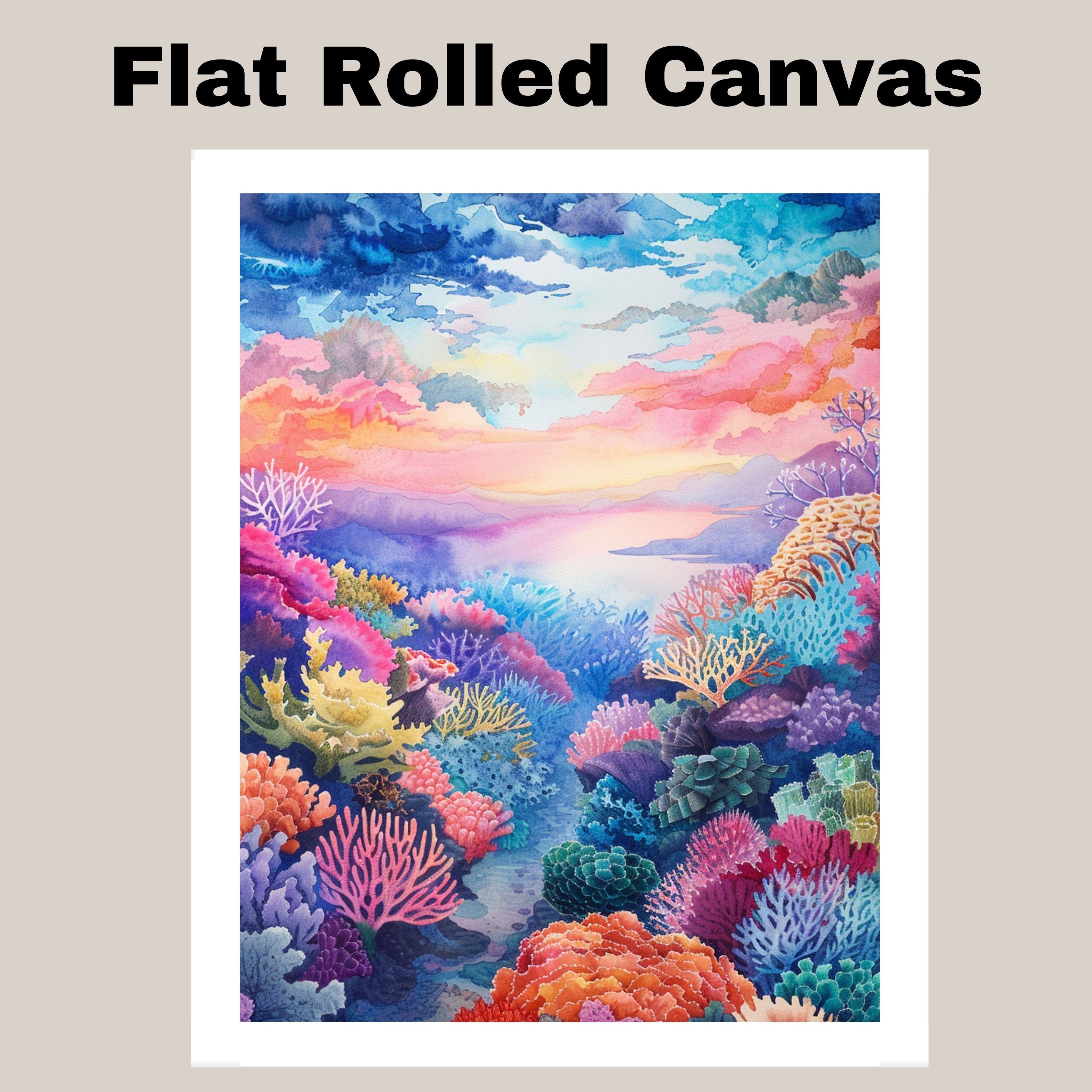 Watercolor Painting of Lush Colorful Coral Reef with Ocean Horizon Canvas Art