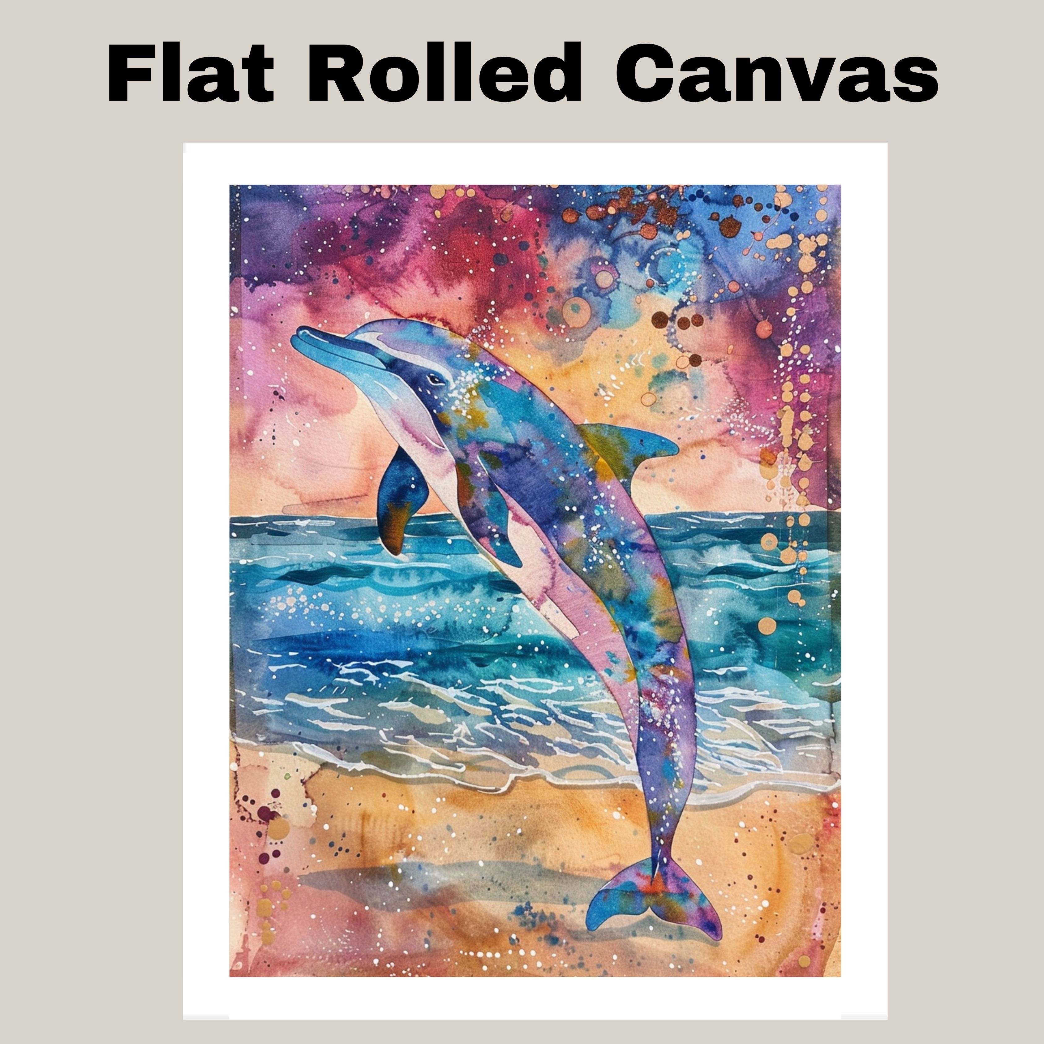 Watercolor Painting of Dolphin Leaping from Ocean with Color Splash Sky Canvas