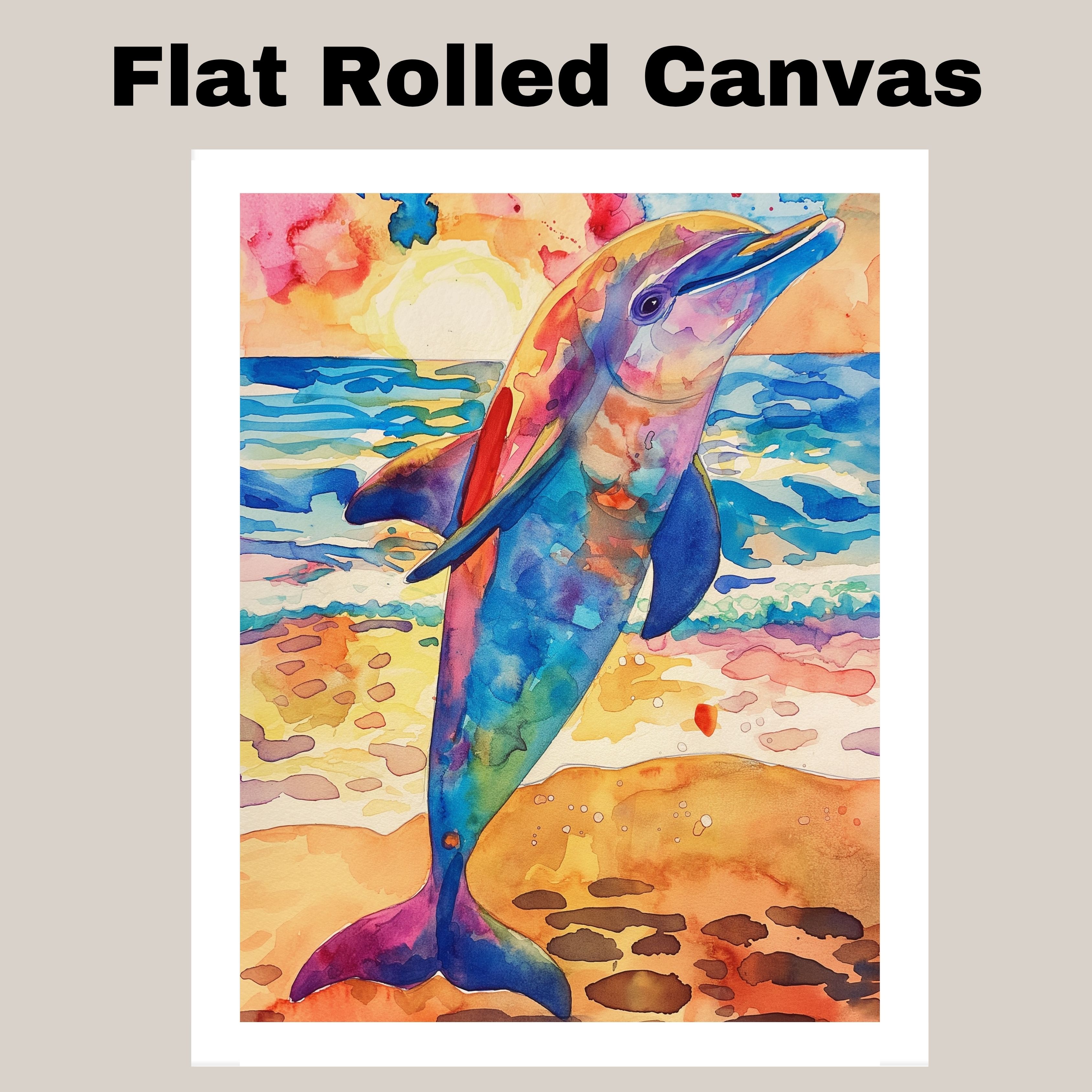 Watercolor Painting of Colorful Dolphin on Sandy Shore with Ocean Waves Canvas