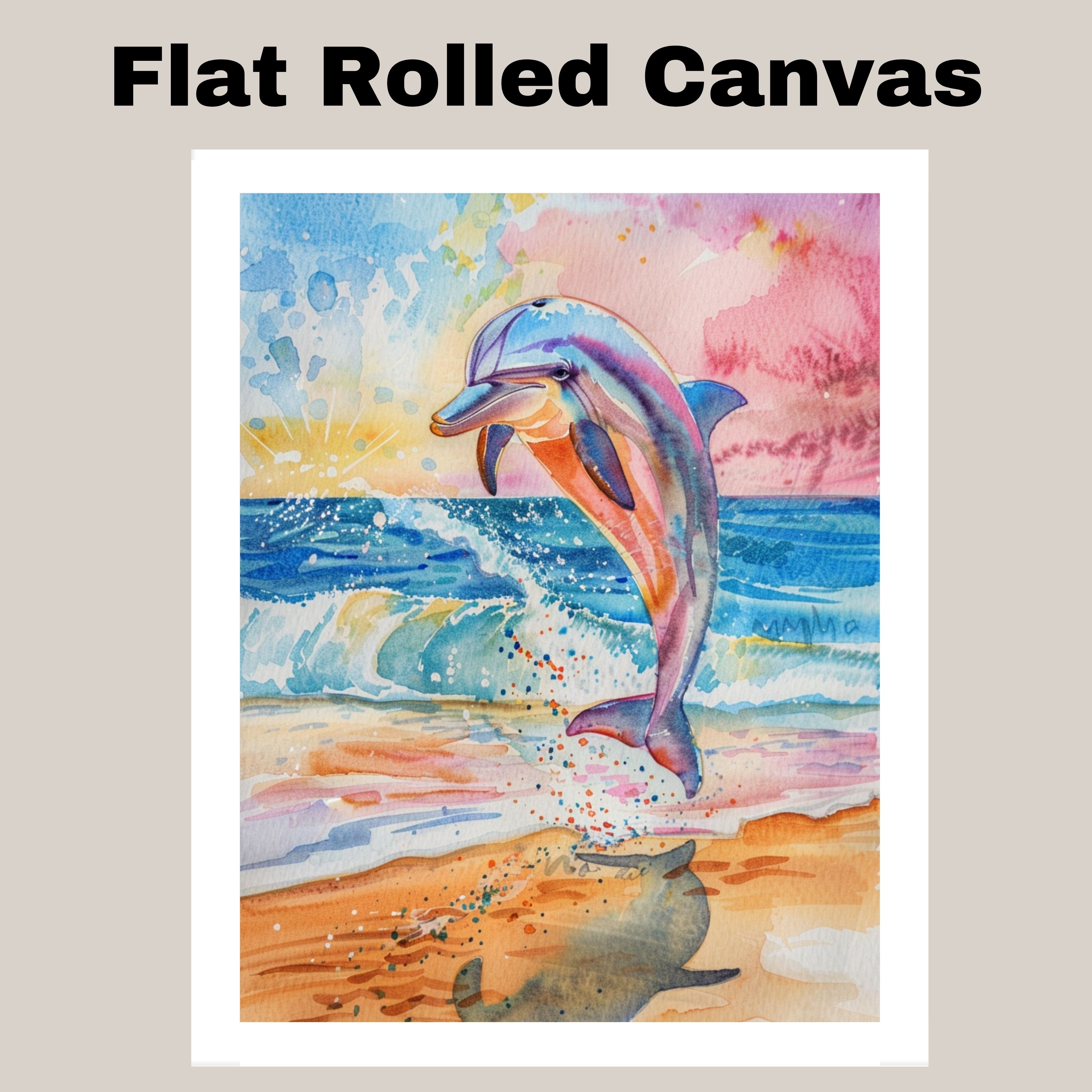 Watercolor Painting of Dolphin Leaping Above Ocean Shore with Splashing Waves