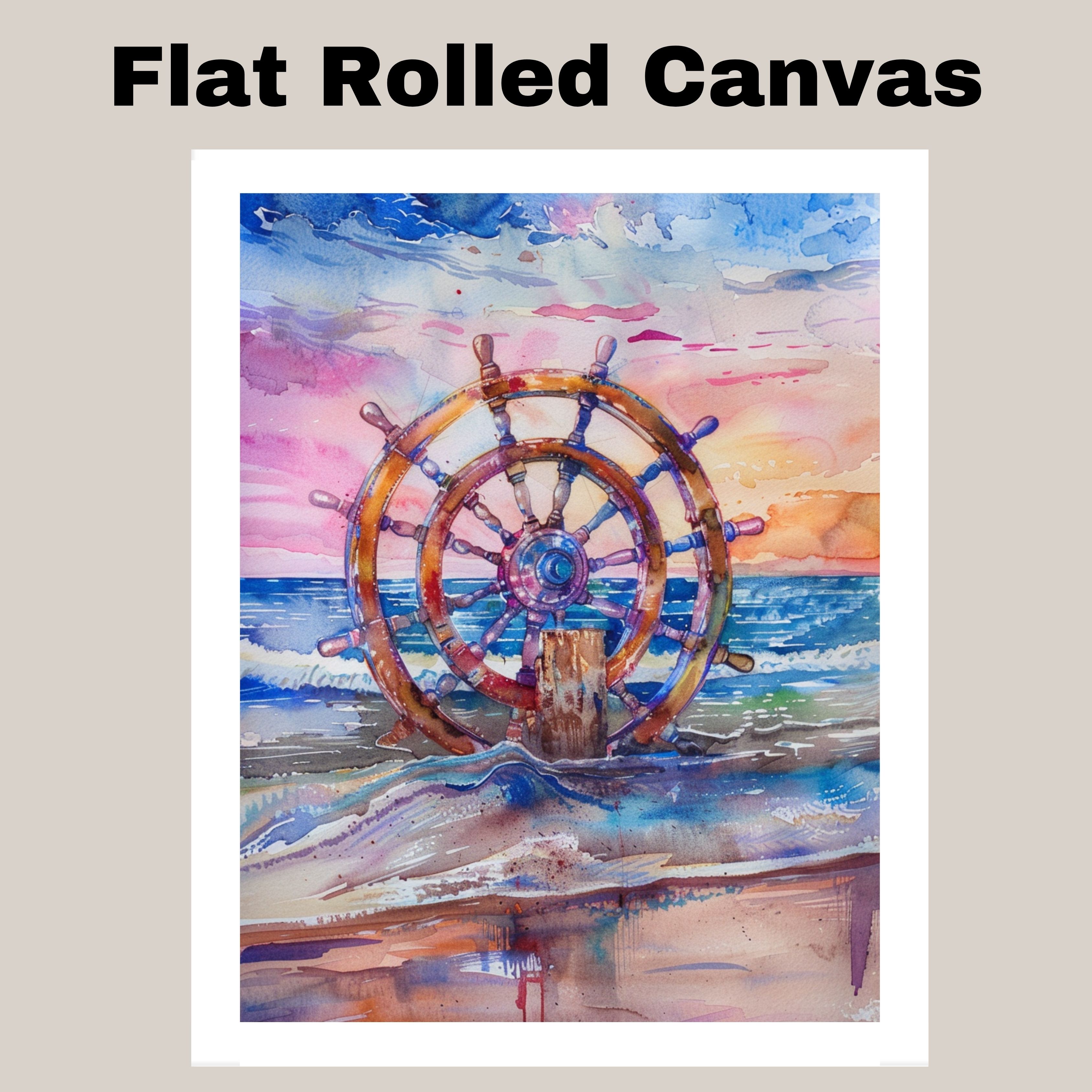 Watercolor Painting of Nautical Ship Wheel on Ocean Shore with Colorful Sunset