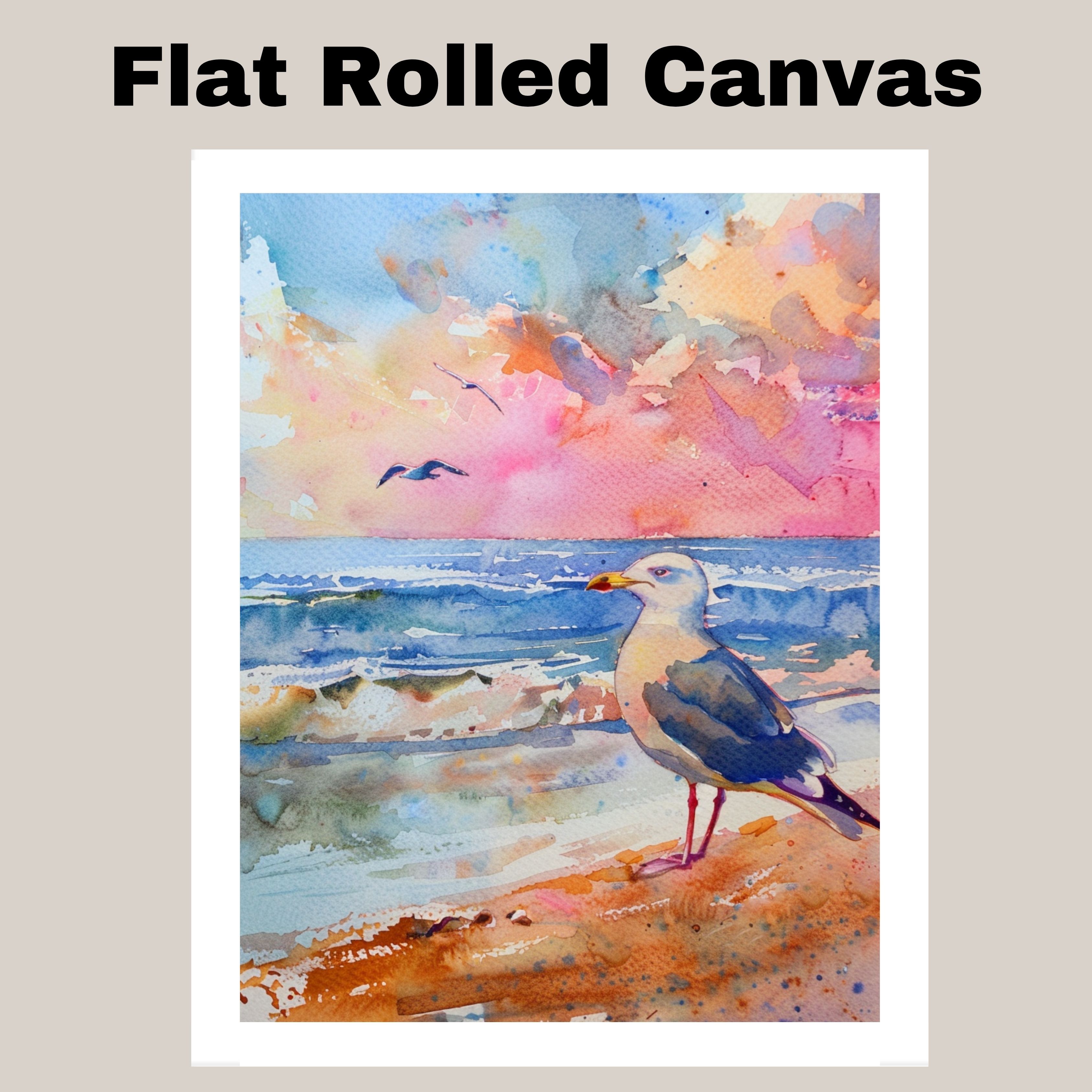 Watercolor Seagull Standing on Shore with Sunset Sky and Waves Canvas Wall Art