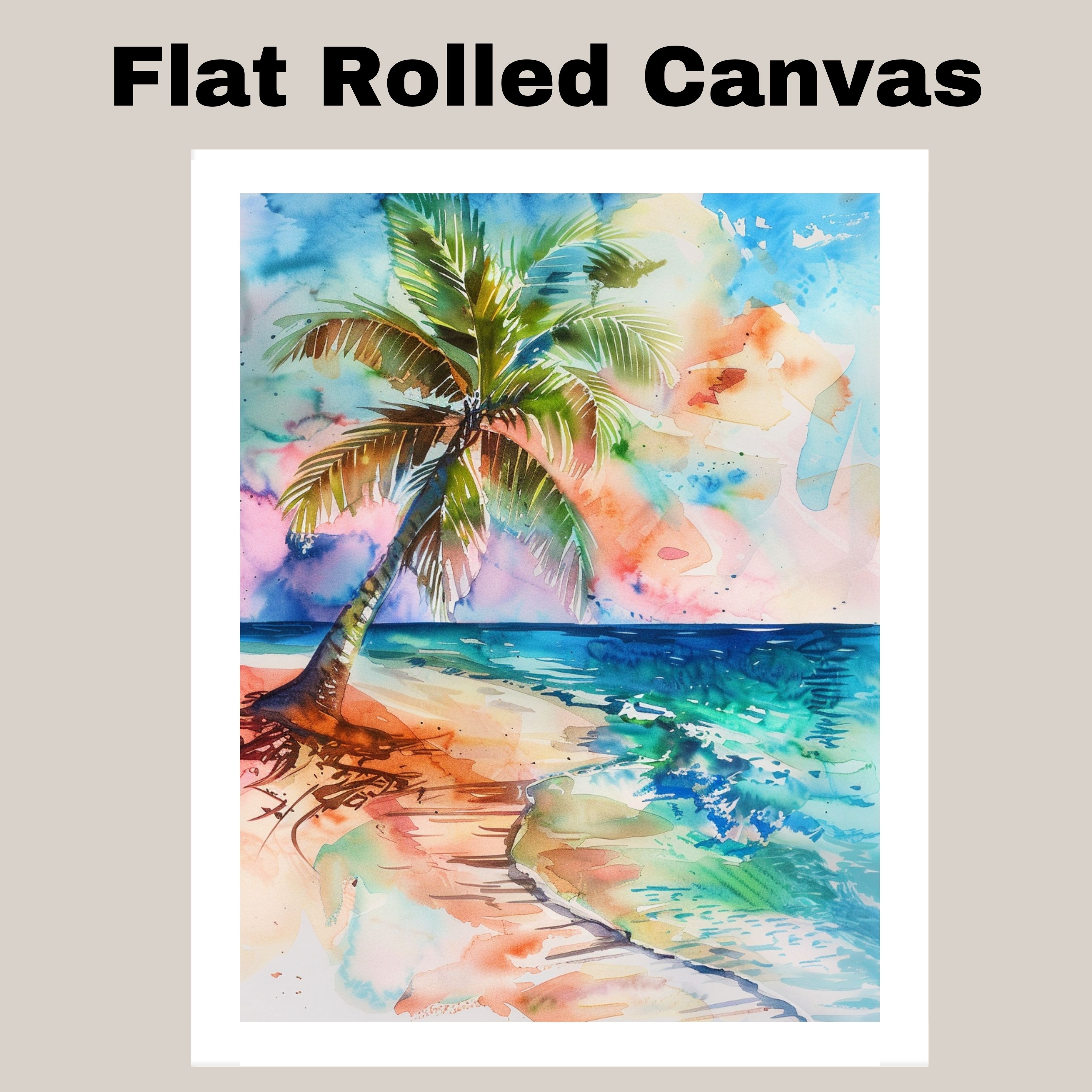 Watercolor Painting of a Palm Tree on a Tropical Shoreline Canvas Wall Art