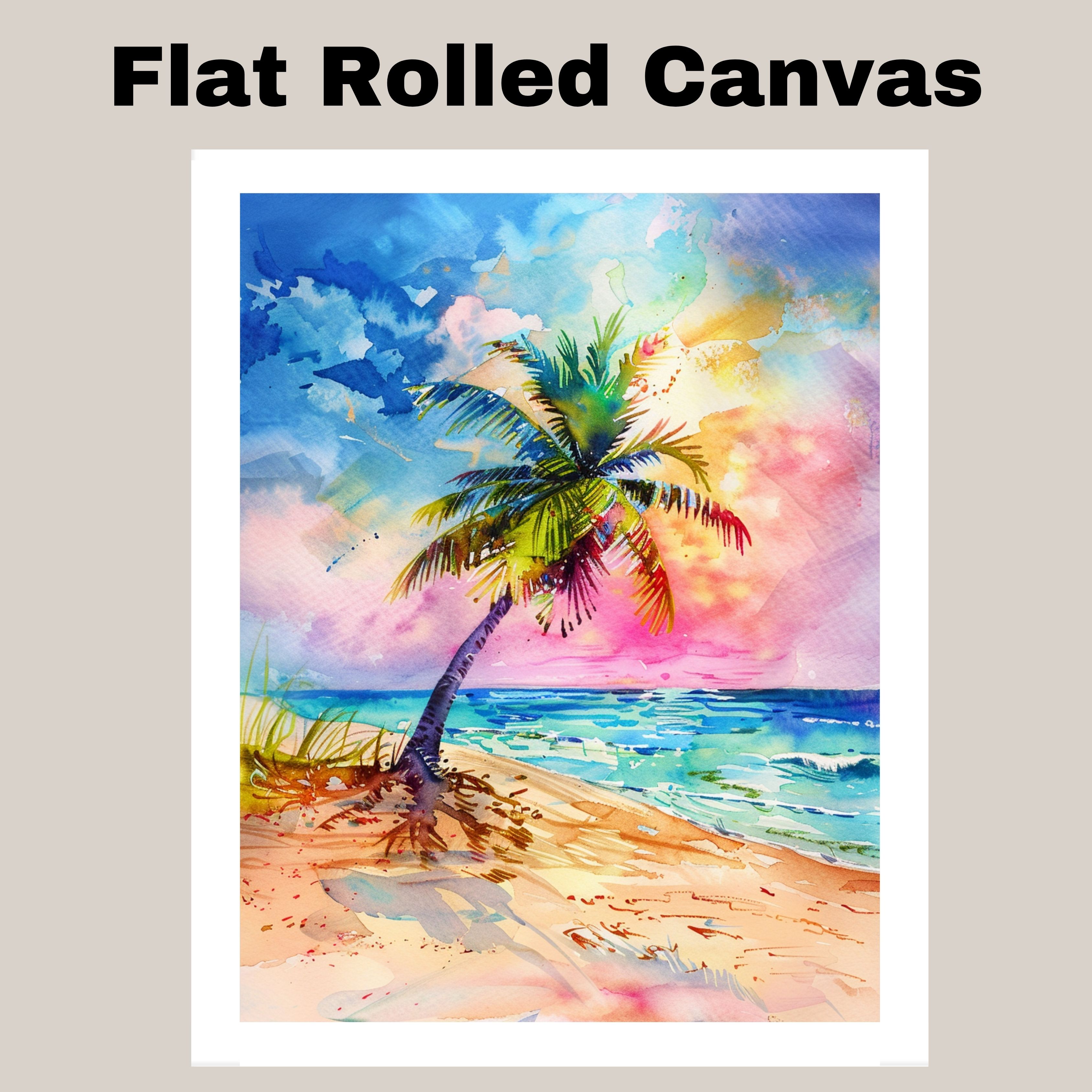 Watercolor Artwork of a Palm Tree on a Colorful Beach with Ocean Waves Canvas