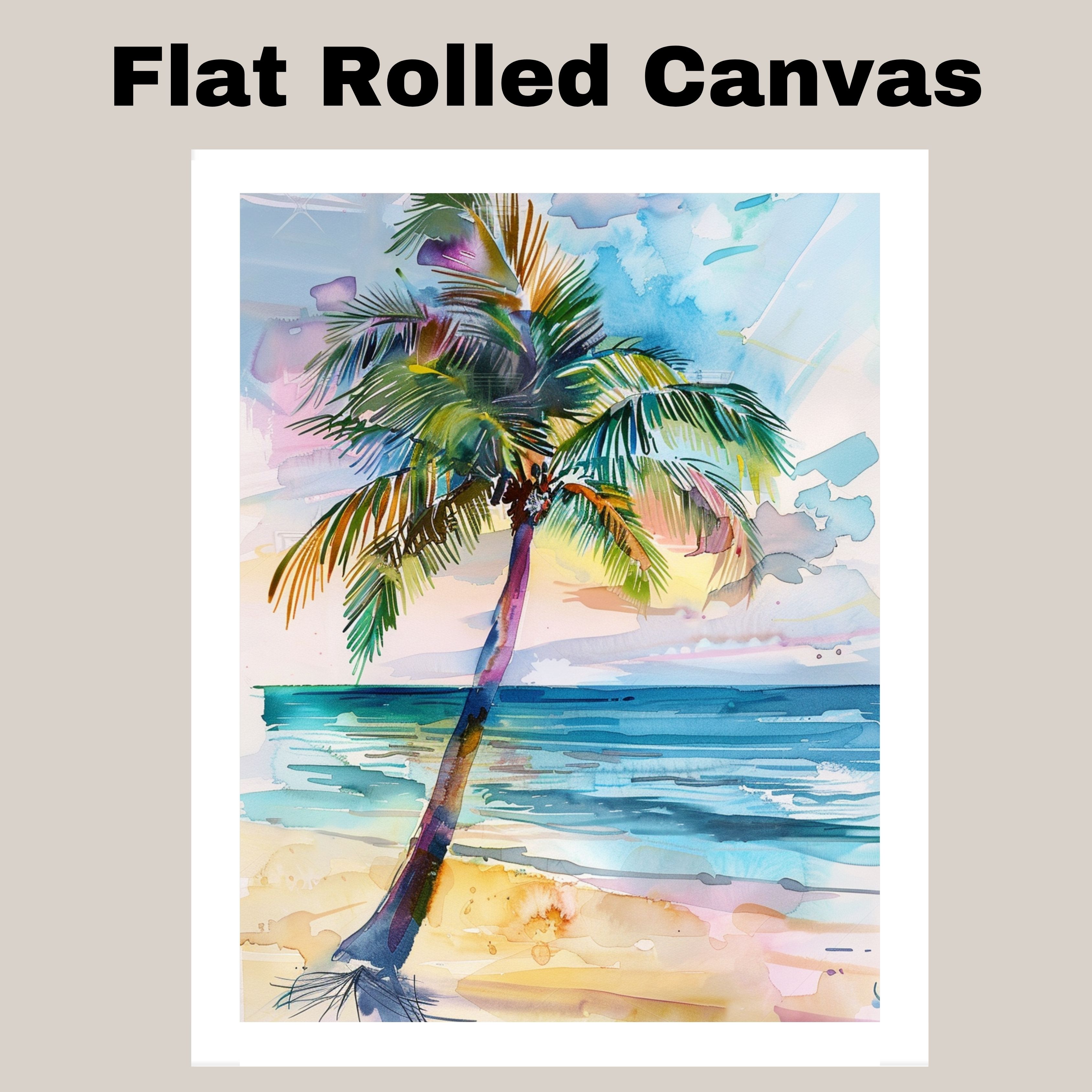 Watercolor Painting of a Palm Tree on a Tropical Beach with Sunset Sky and Ocean