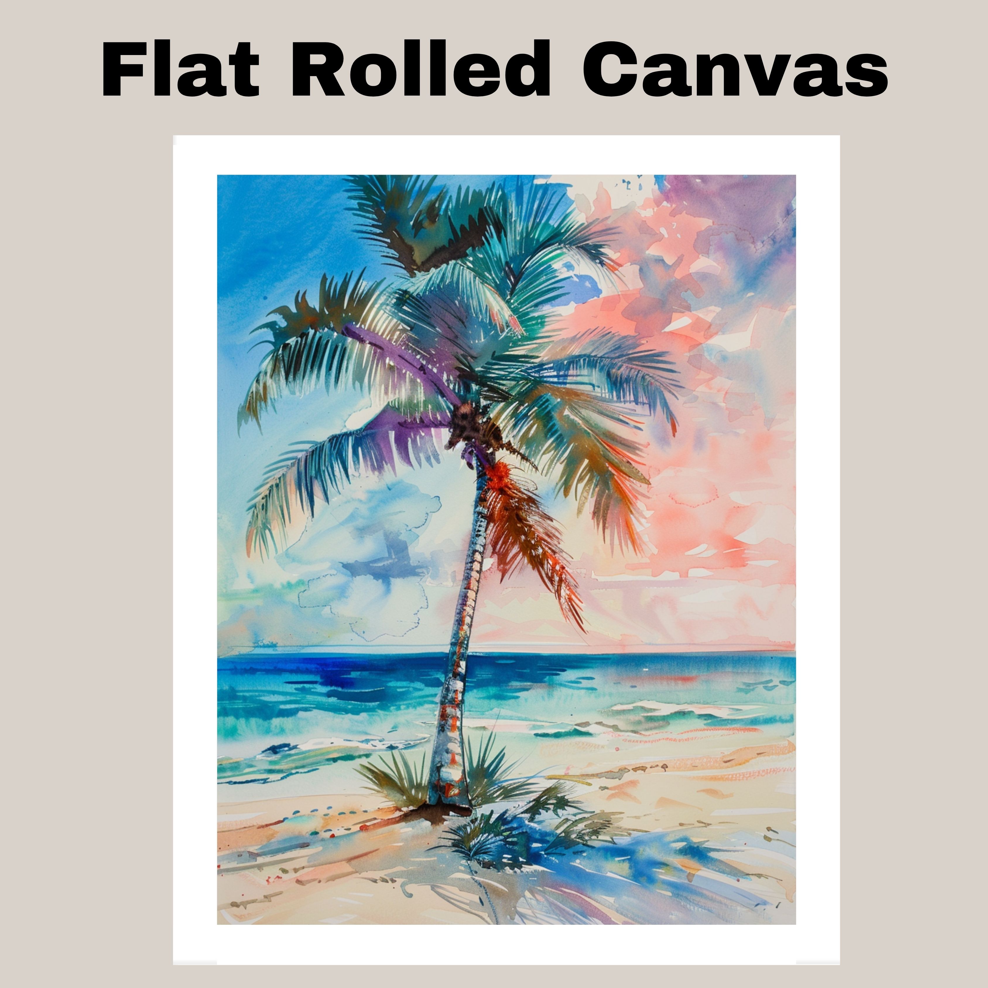 Vibrant Palm Tree by the Sea Watercolor Painting with Colorful Sunset Sky Canvas