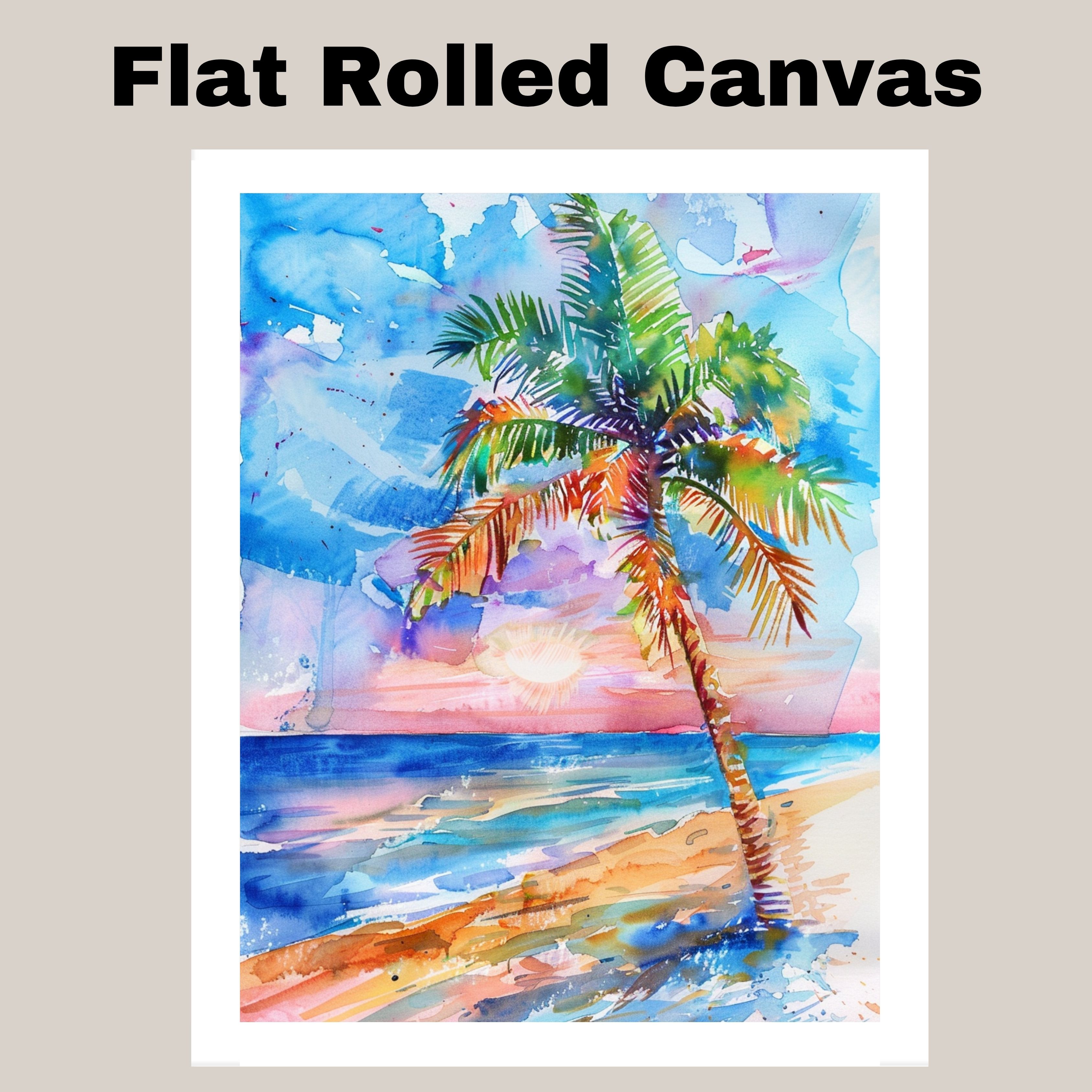 Colorful Palm Tree at Sunset by the Ocean Watercolor Painting Beach Scene Canvas