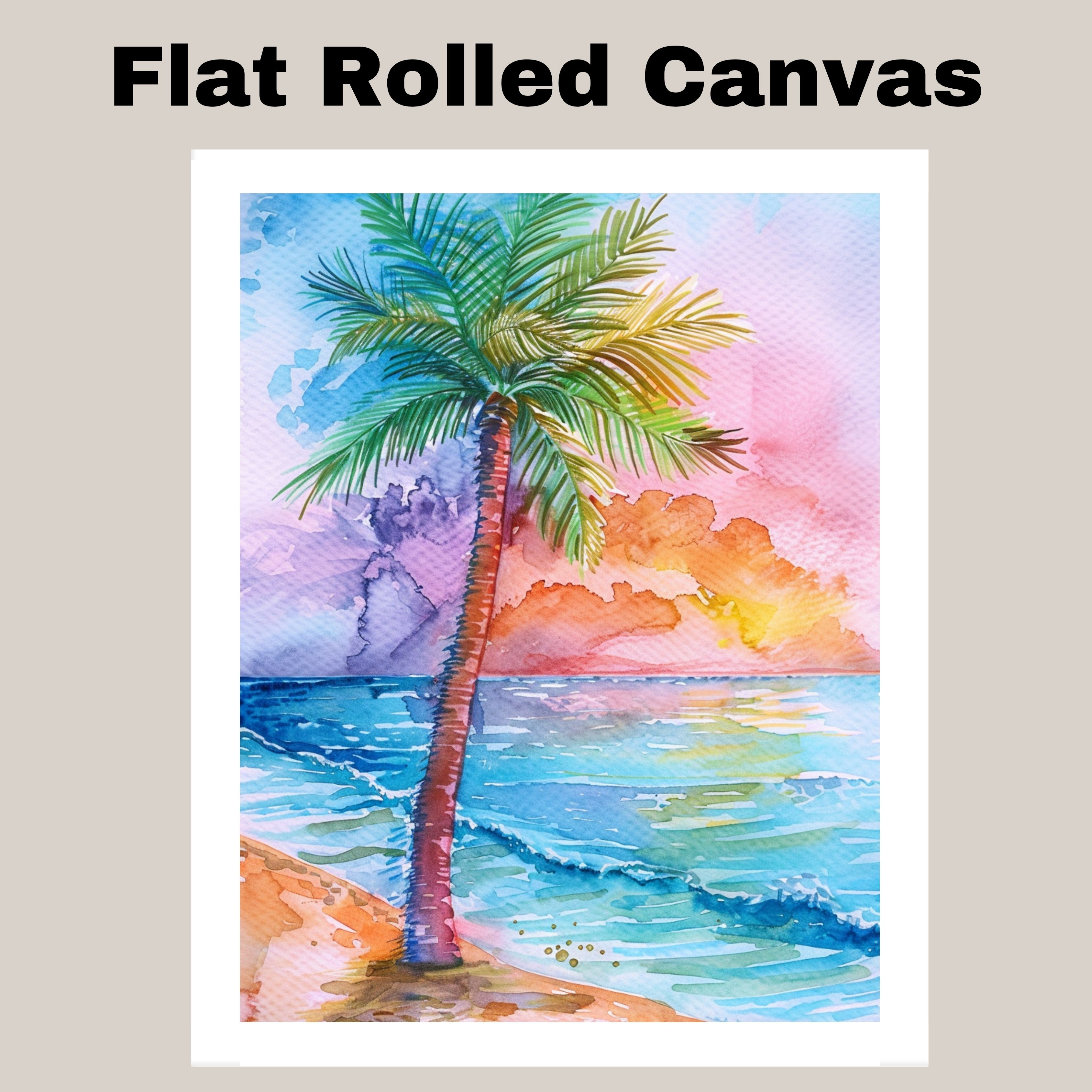 Tropical Palm Tree and Ocean Waves Watercolor Painting with Sunset Sky Art