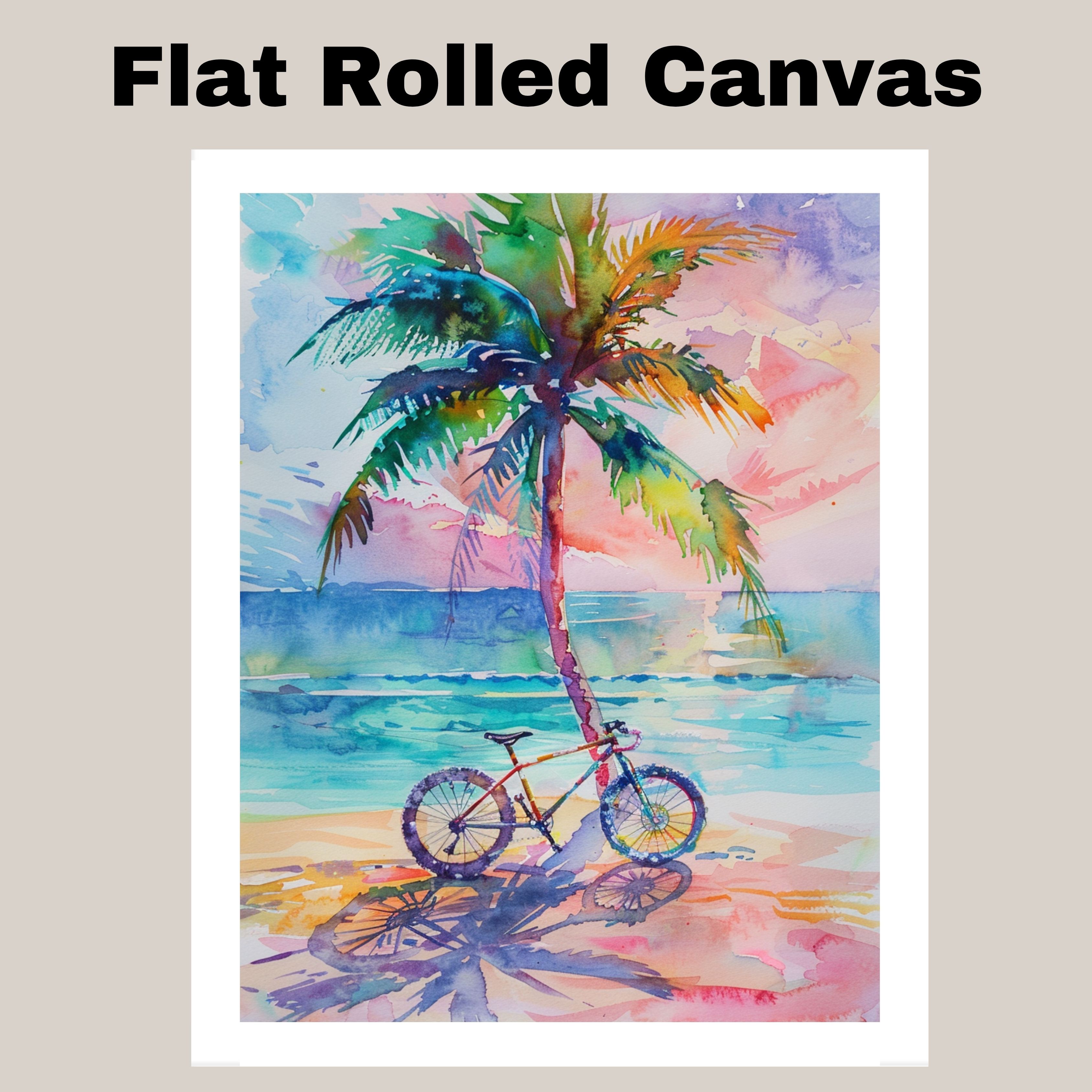 Watercolor Painting of Palm Tree and Bicycle on Beach with Ocean Sunset Art