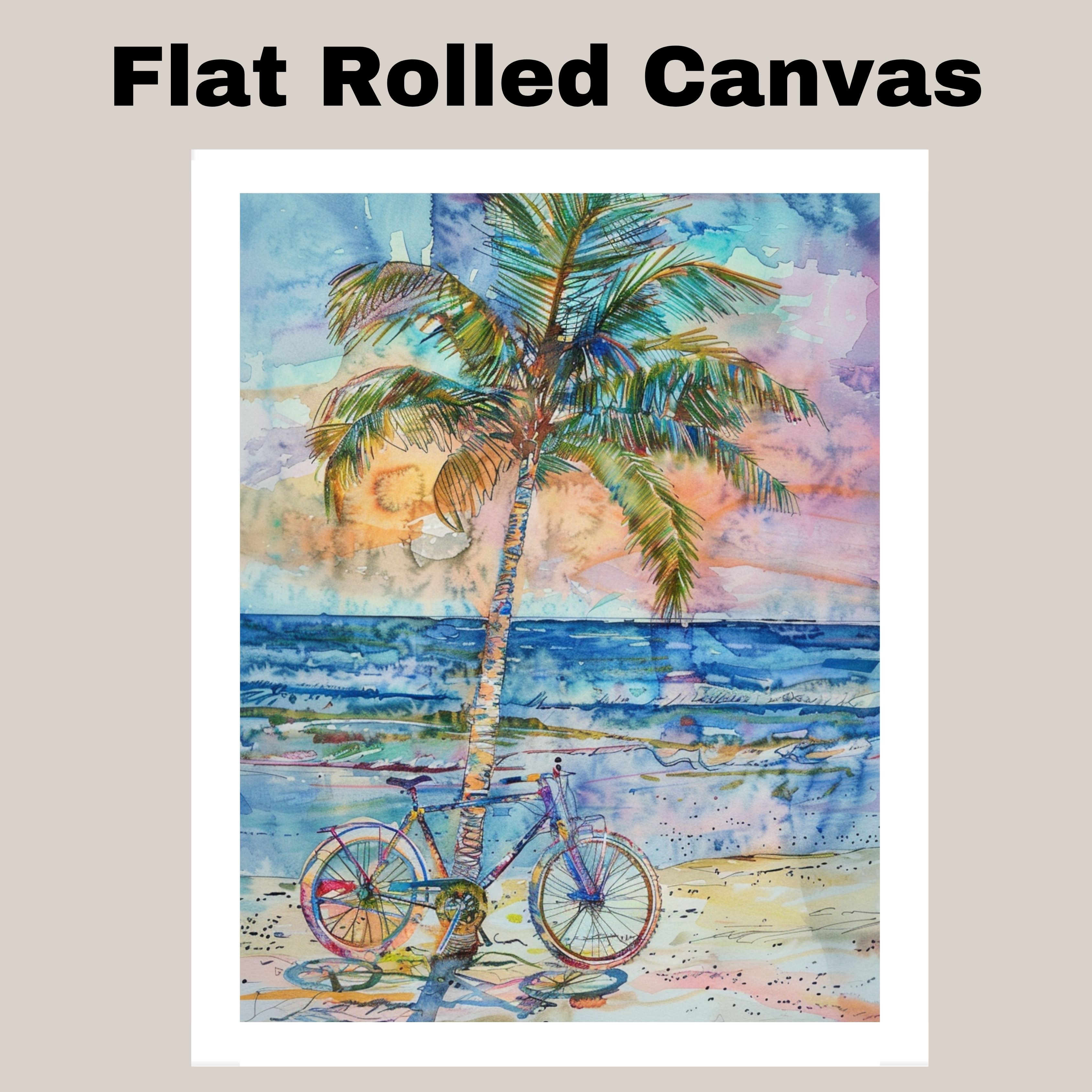 Palm Tree and Bicycle on the Beach Watercolor Painting with Vibrant Ocean Sunset