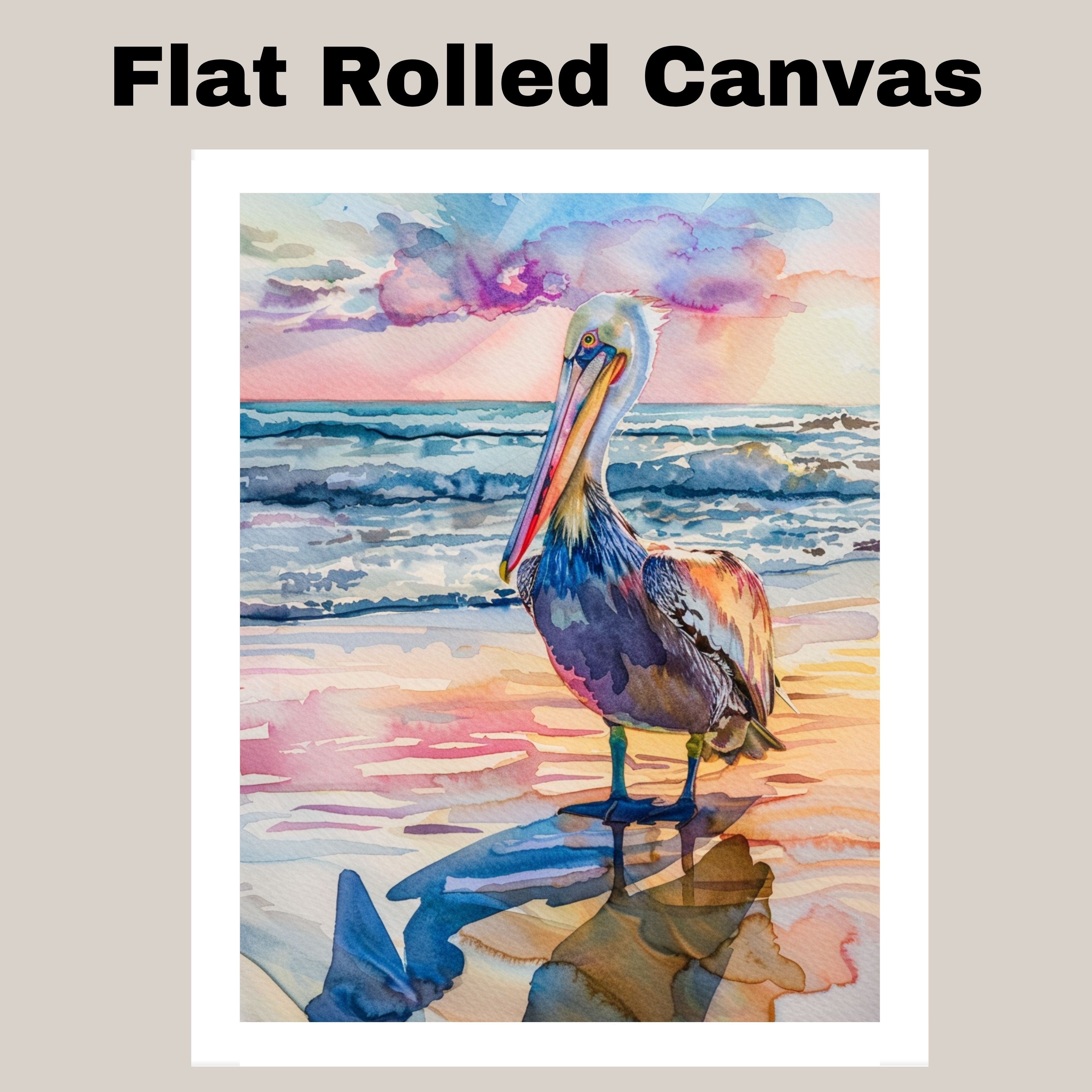 Watercolor Painting of Pelican on Beach with Sunset Sky and Ocean Waves Canvas
