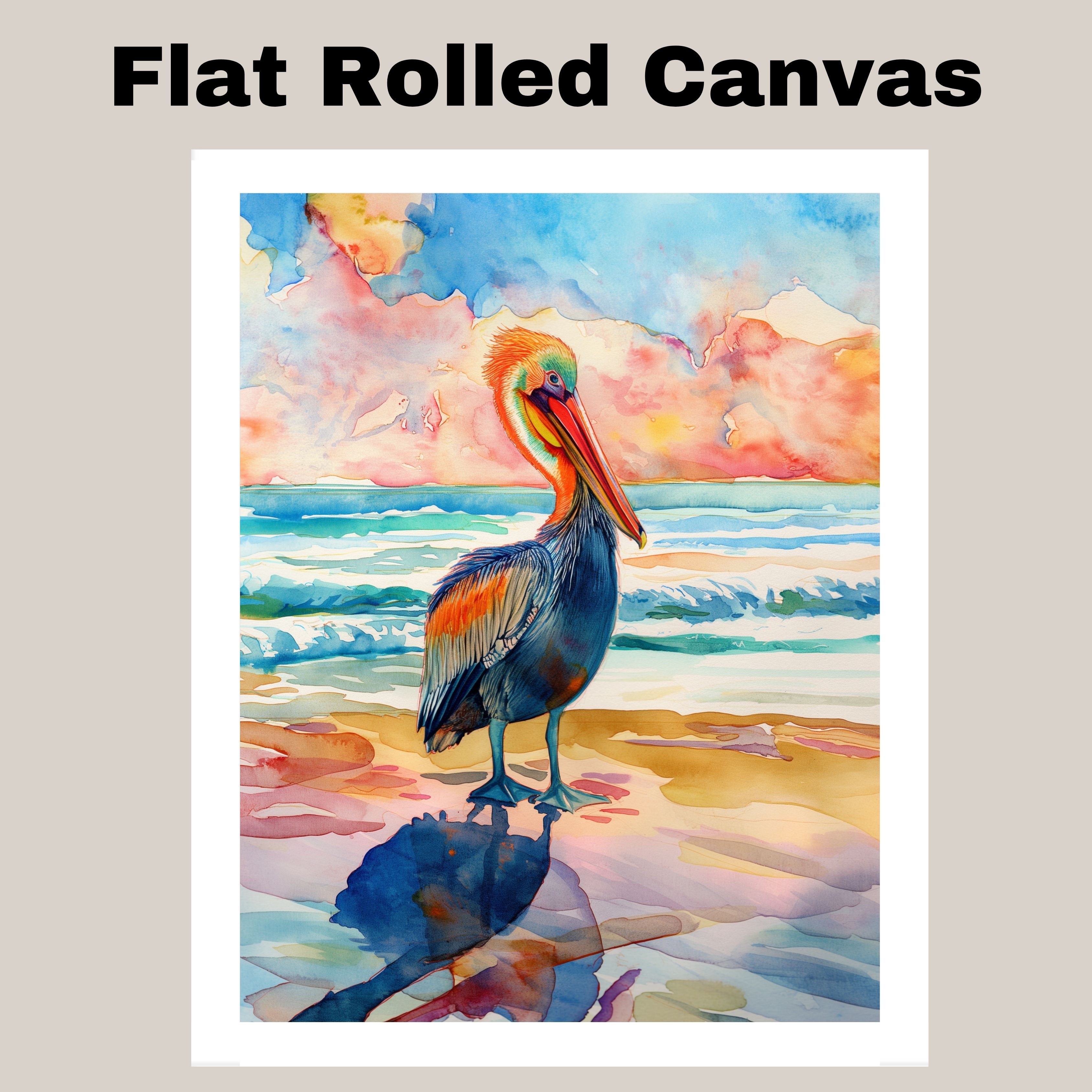 Pelican Watercolor Painting with Ocean Waves and Sunset Reflection Canvas Art