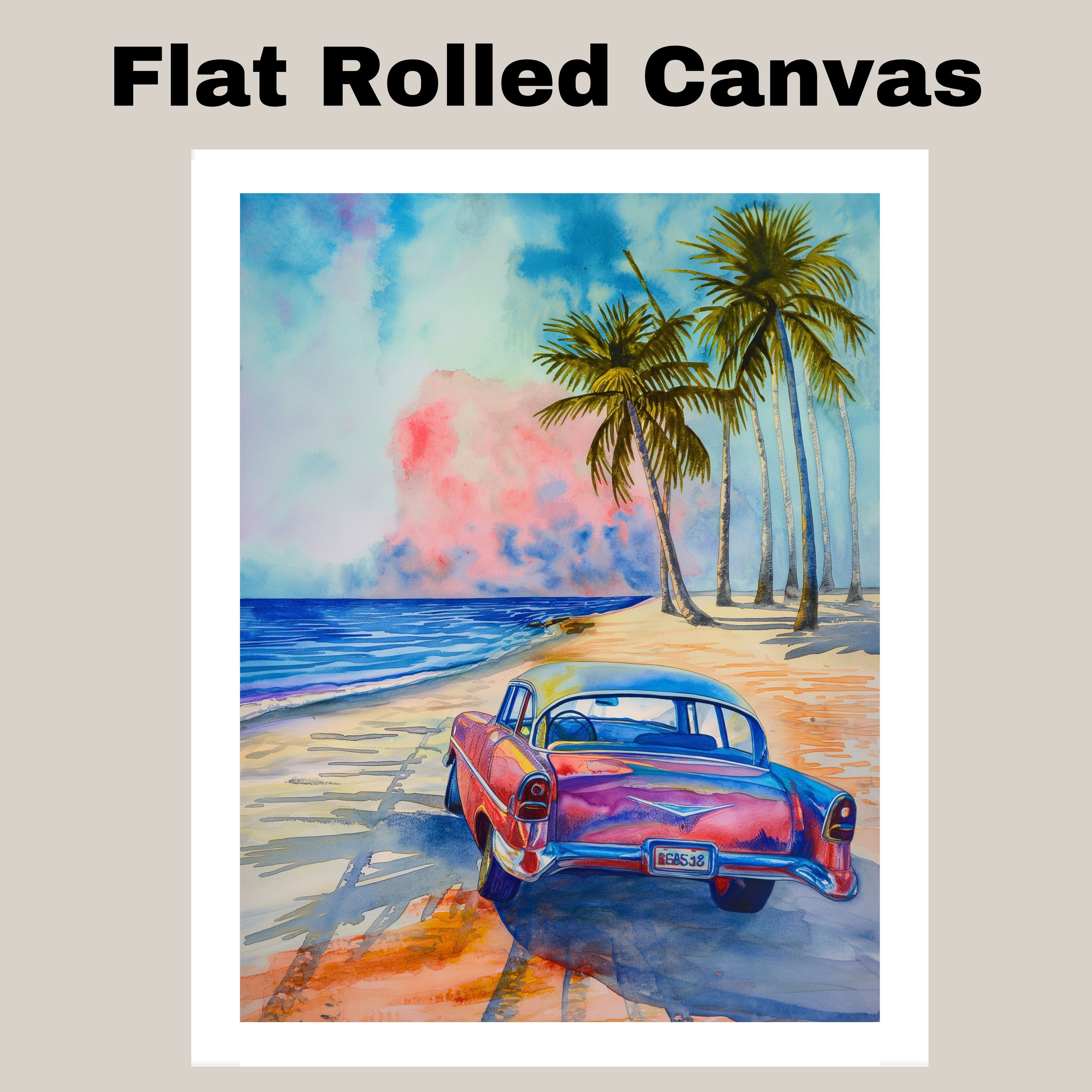 Retro Car Watercolor Painting Driving on Beach Road with Palm Trees Canvas