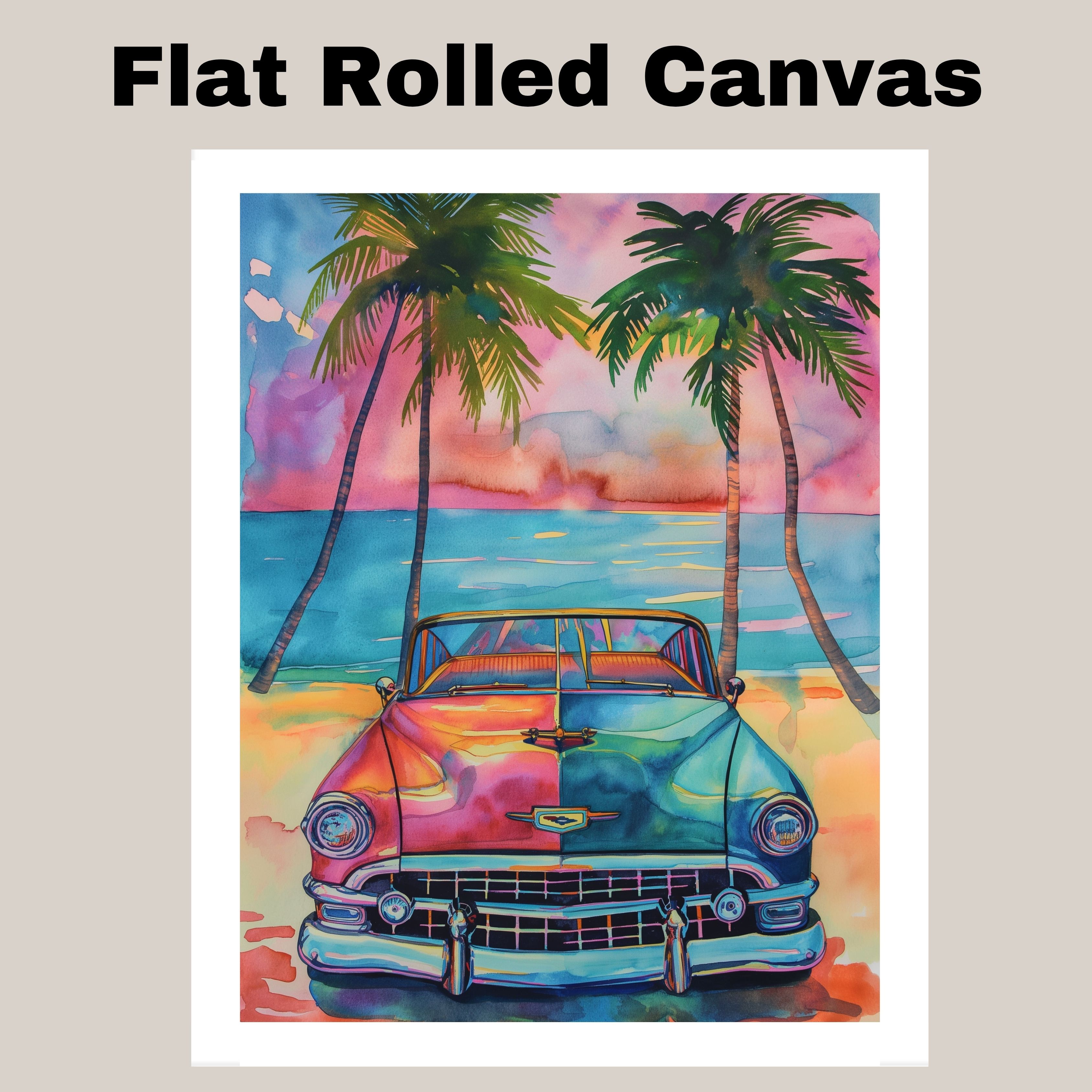 Watercolor Painting of Retro Car on Tropical Beach at Sunset with Palm Trees