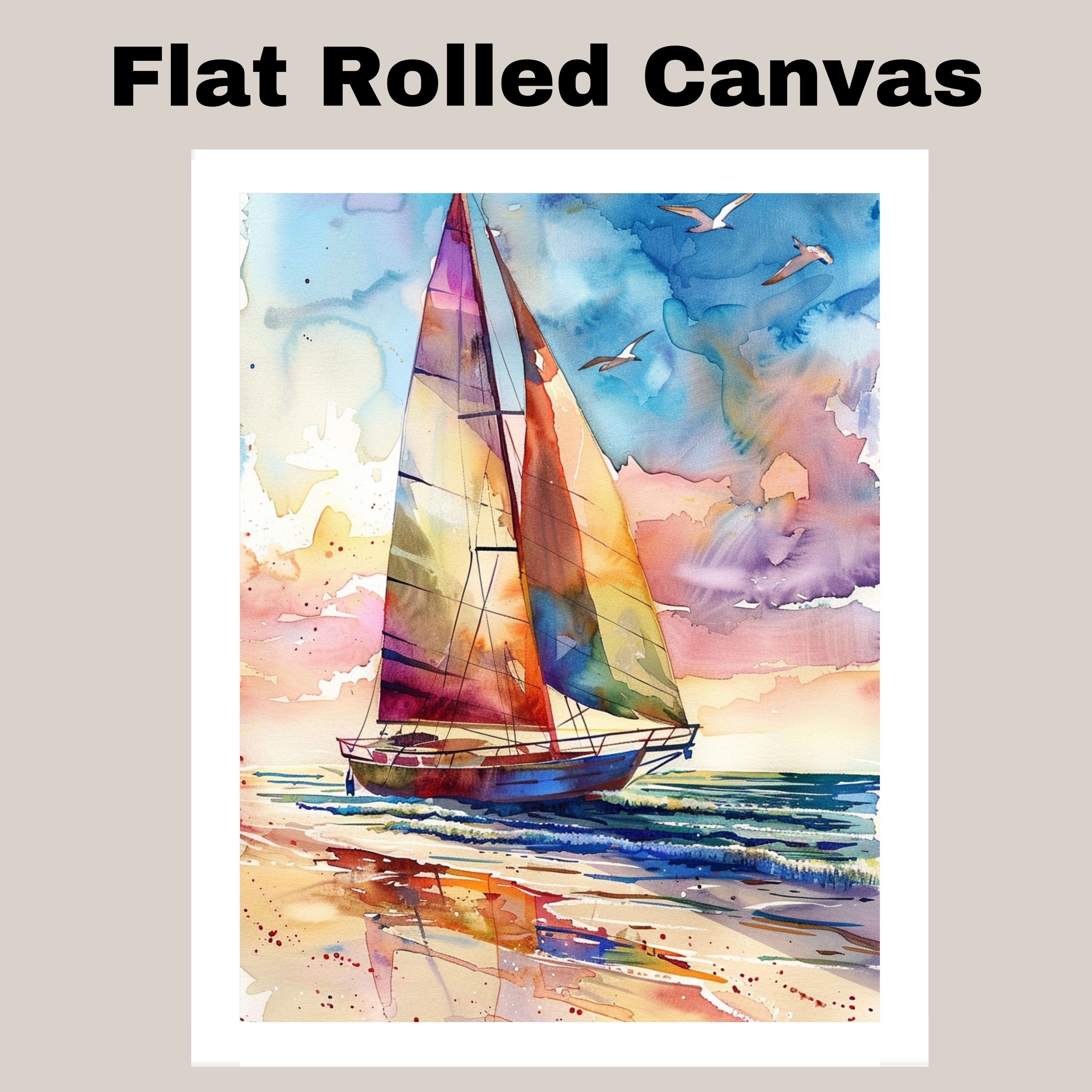 Watercolor Painting of Multicolored Sailboat on Ocean with Sunset Canvas Art