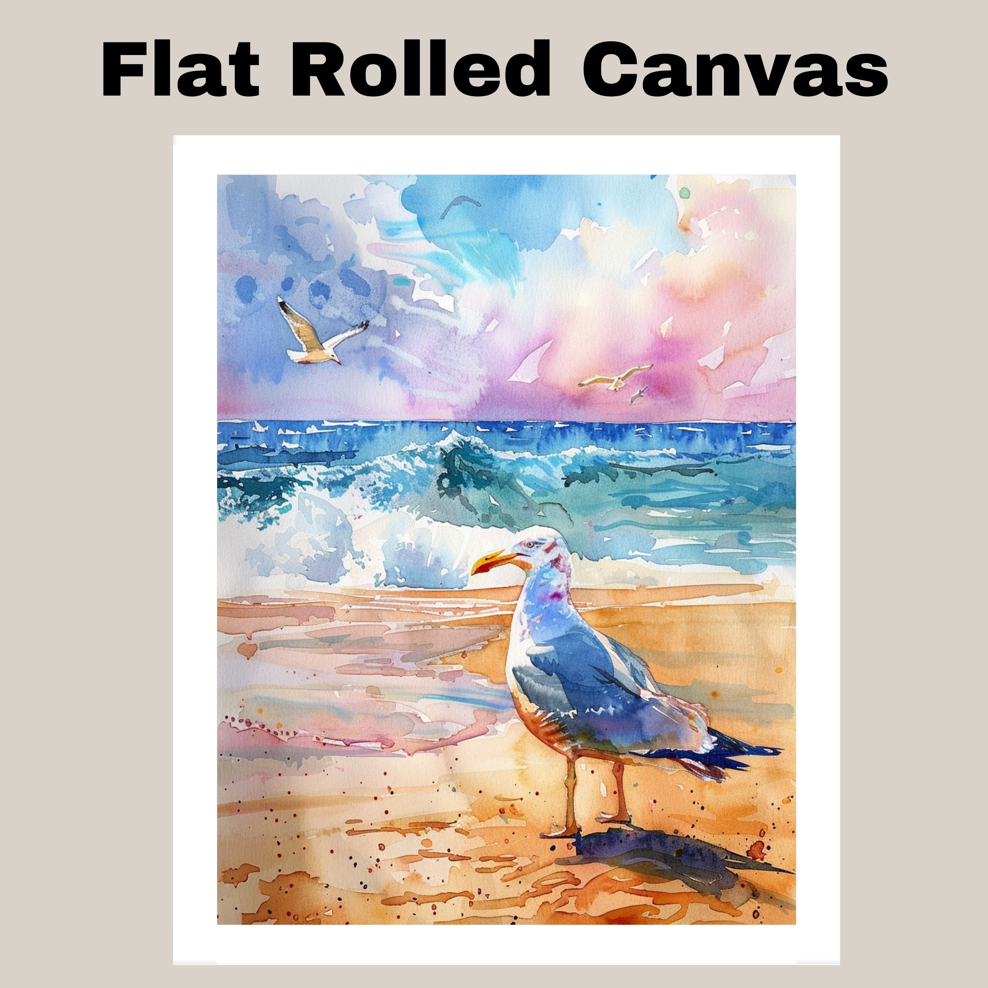 Watercolor Painting of a Seagull on the Beach with Rolling Ocean Waves Canvas