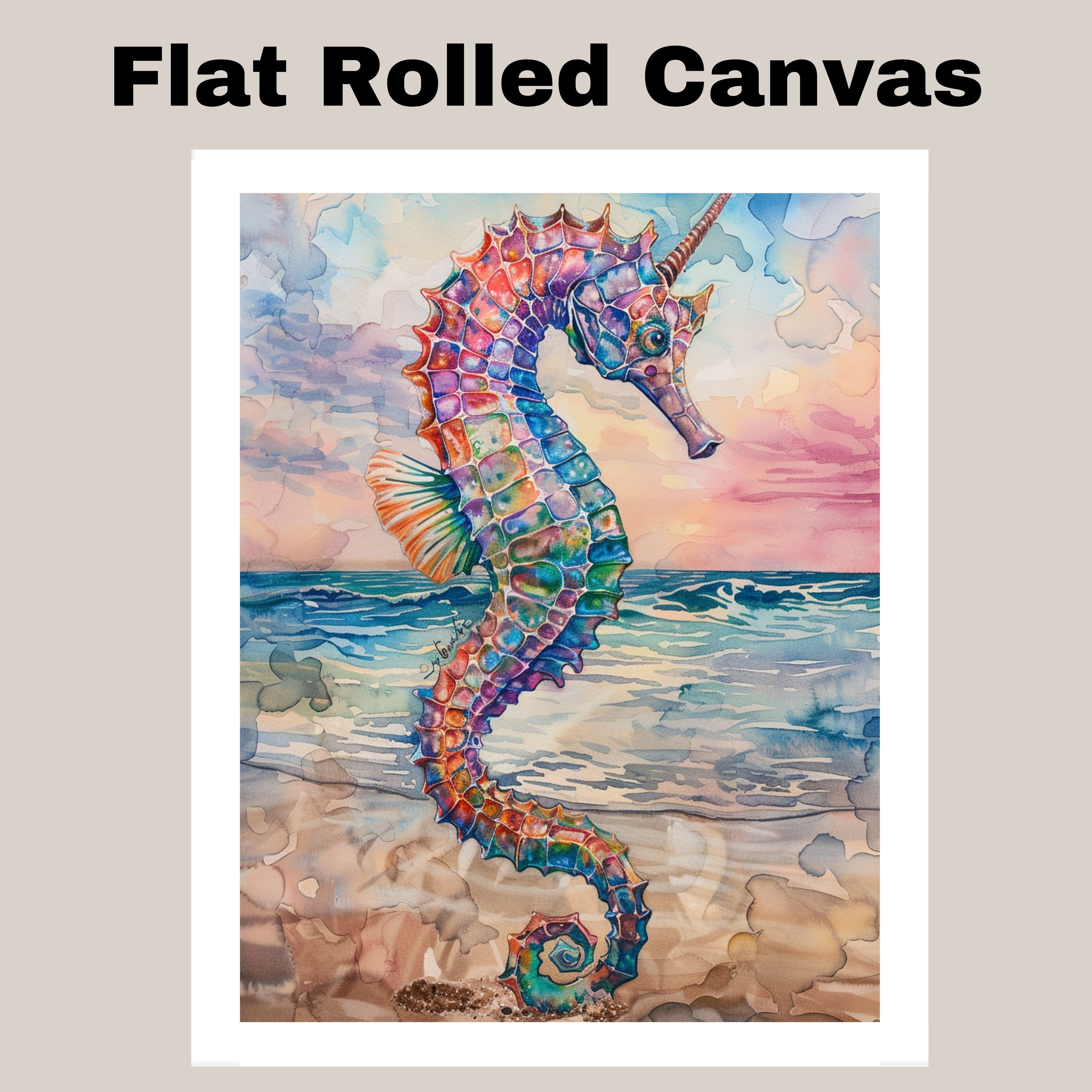 Rainbow Seahorse Watercolor Canvas with Fantasy Ocean Sunset Wall Art Print